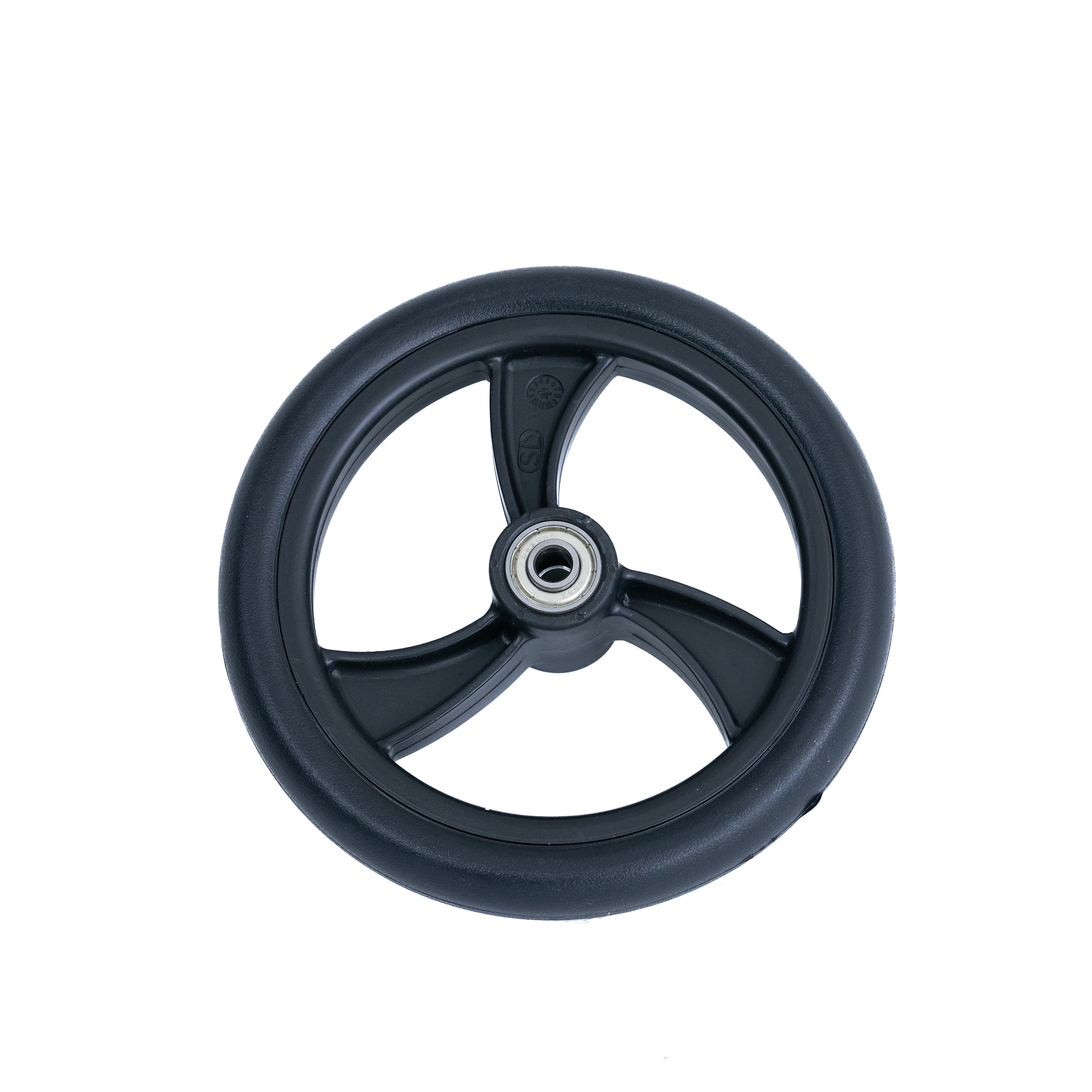 6 Front/Rear Caster Wheel Assembly for the Drive Medical R800 Rollator, featuring a black wheel with a metal center, suitable for any caster position on compatible rollators with specific serial numbers.