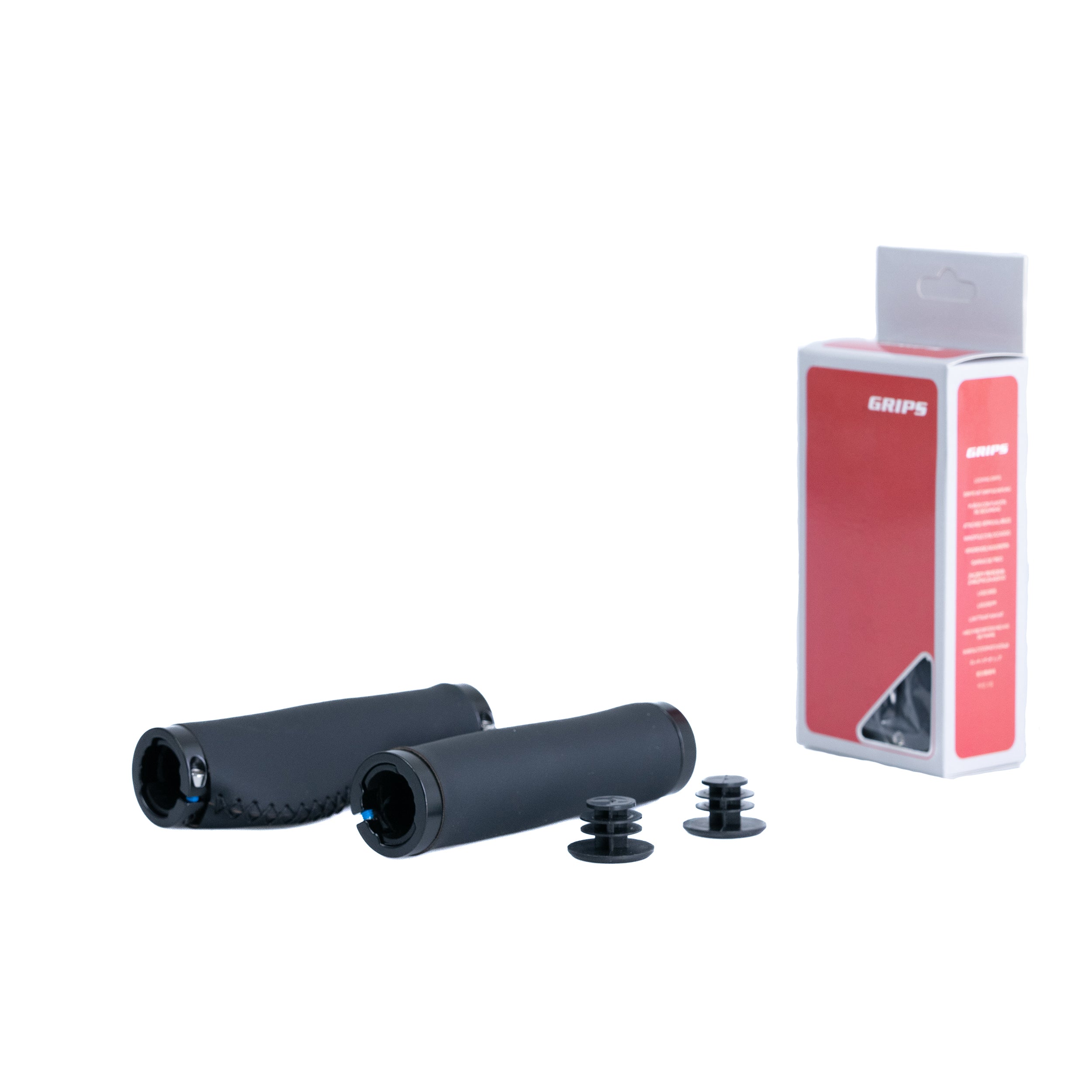 Handlebar Grip Set with Clamps for Electric Bicycles, featuring a pair of black ergonomic grips, a red and white box, and end plugs, designed for enhanced control and comfort.