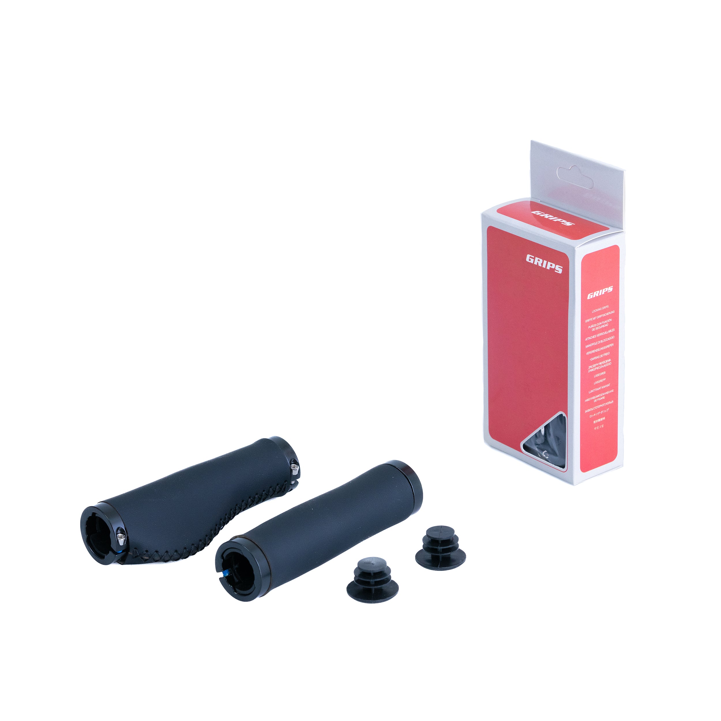 Handlebar Grip Set with Clamps for Electric Bicycles, featuring close-up views of ergonomic grips, bar end plugs, and locking ring clamps, displayed alongside a red and white packaging box.