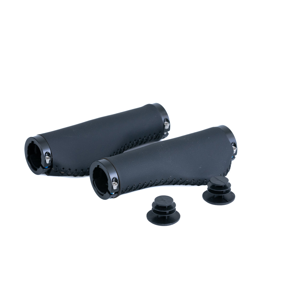 Handlebar Grip Set with Clamps for Electric Bicycles, featuring a pair of black ergonomic grips with bar end plugs and locking ring clamps for secure attachment.