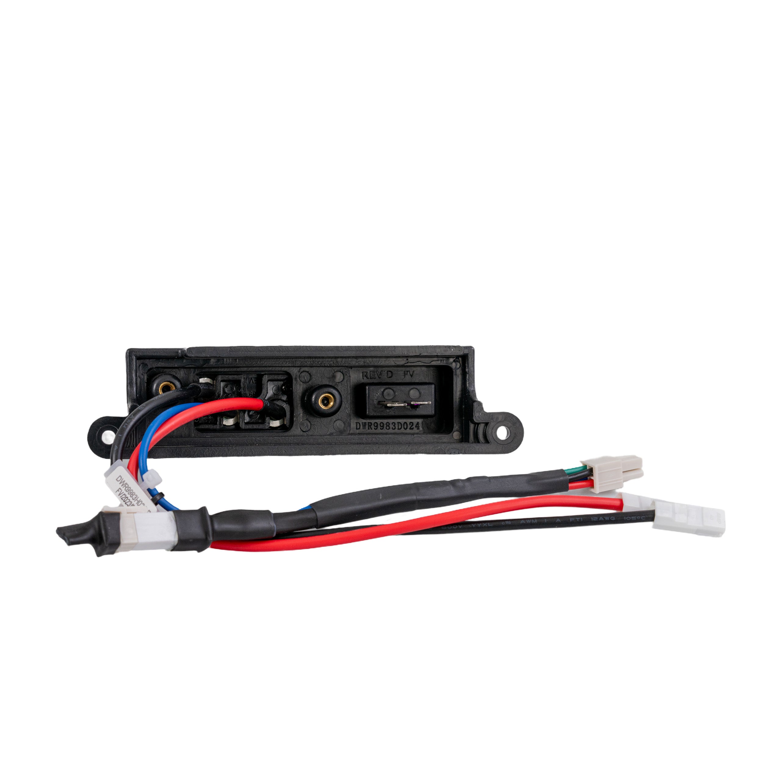 Battery Connector Assembly for the Go-Go Elite (SC40E/SC44E) & Ultra X (SC40X/SC44X) with R-Series Controllers, featuring a black rectangular device with connected black and red wires for battery docking.