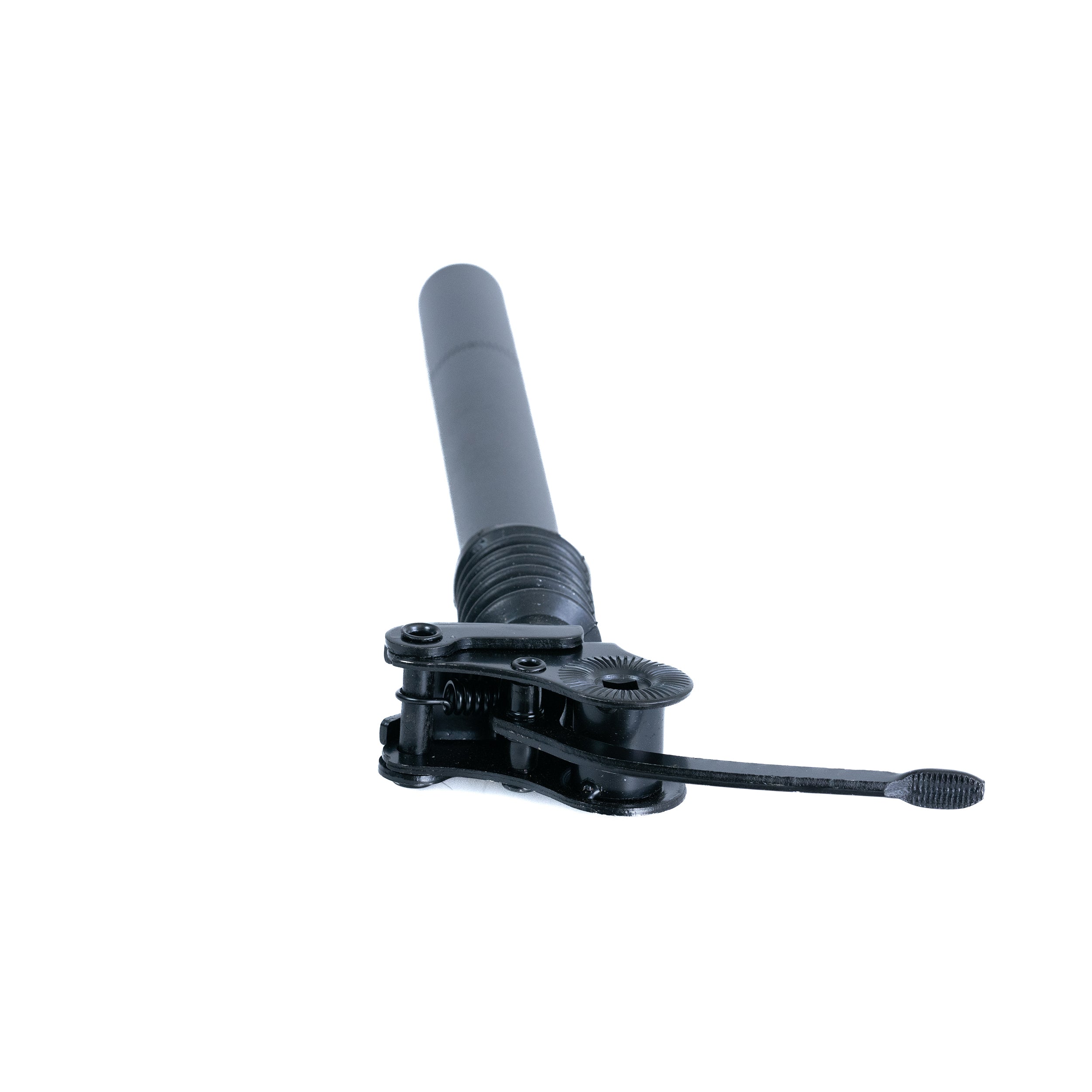 Suspension Seat Post with Lever for the HeyBike Ranger Electric Bicycle: A black metal seat post with a built-in shock absorber, black rubber boot, and an integrated adjustment lever for enhanced rider comfort and smoother rides.