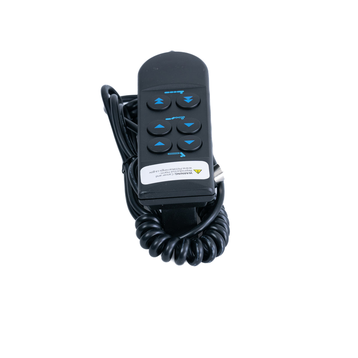 6-Button Hand Control Pendant for the Invacare Full-Electric Homecare Bed (5410IVC) featuring a black remote with blue buttons and a white label, connected with wires.