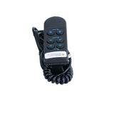 6-Button Hand Control Pendant for the Invacare Full-Electric Homecare Bed (5410IVC) featuring a black remote with blue buttons and a white label, connected with wires.