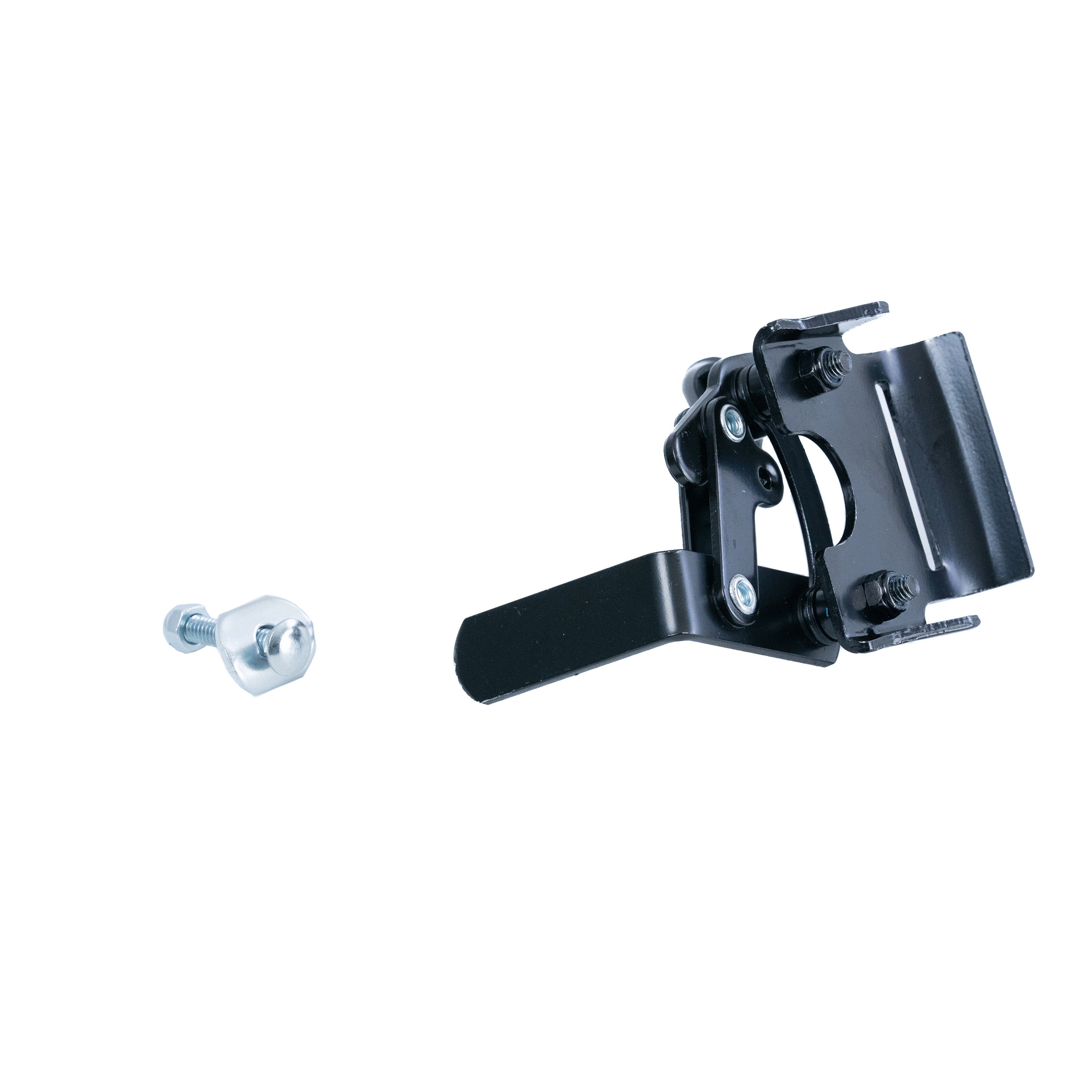 Push to Lock Brake Assembly for Drive Medical Blue Streak & Cruiser III Wheelchairs, featuring a black metal bracket with screws and a close-up of a bolt and nut.