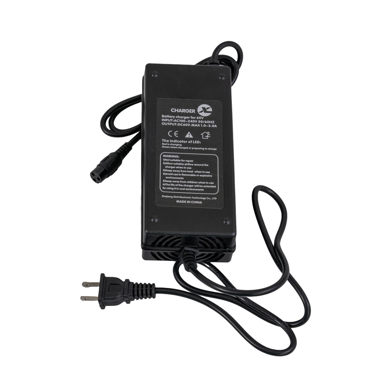 60 Volt 3.0 Amp 3-Prong Battery Charger (Standard) with a black body, attached cord, and visible multi-color LED indicators for charging status. Suitable for 60V systems like X-Treme XA-1000 electric ATV.