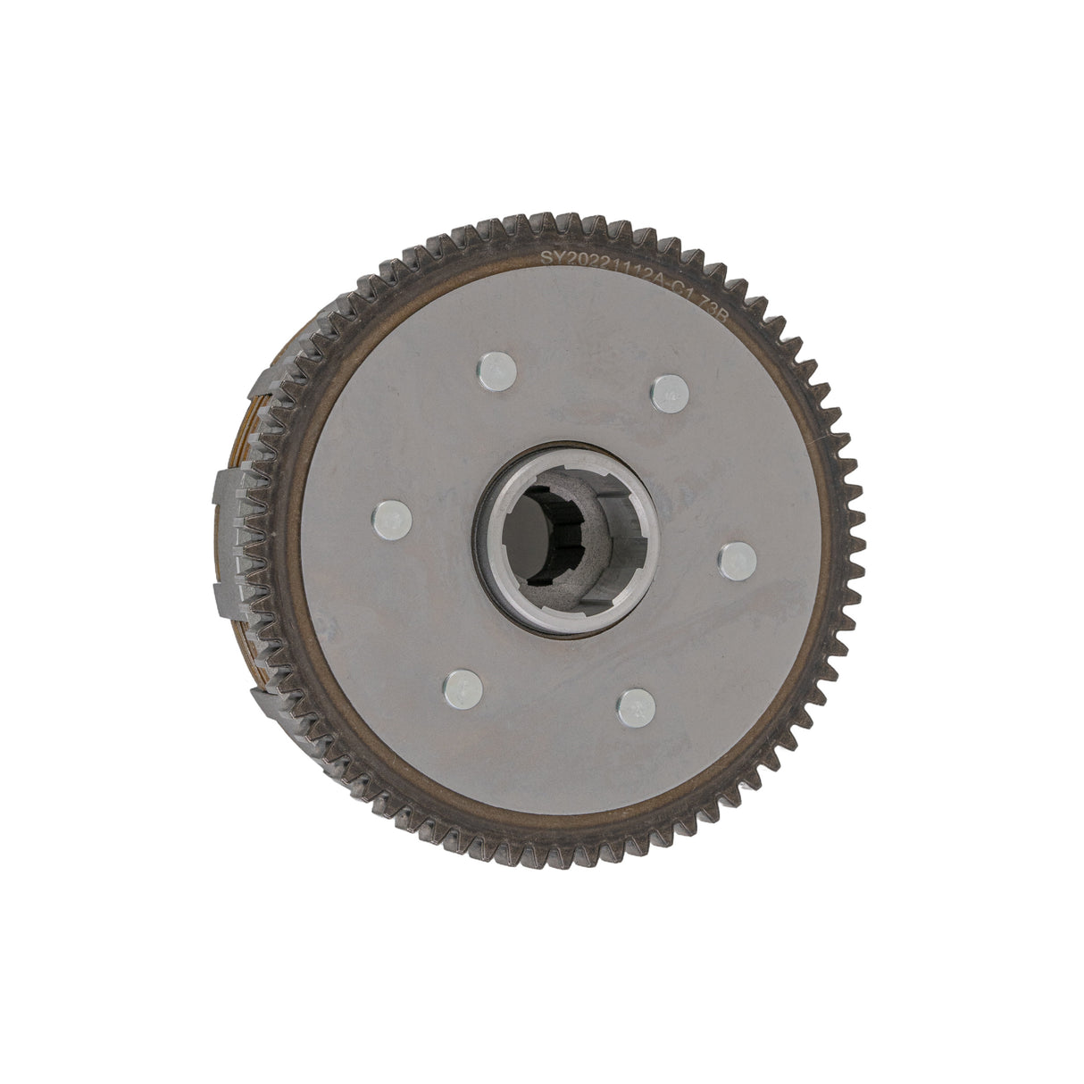 Clutch Assembly with 5 Plates for 110cc, 125cc, 150cc, & 200cc ATVs & Dirt Bikes, featuring a close-up of a metal gear component, showcasing its intricate tooth design and circular structure.