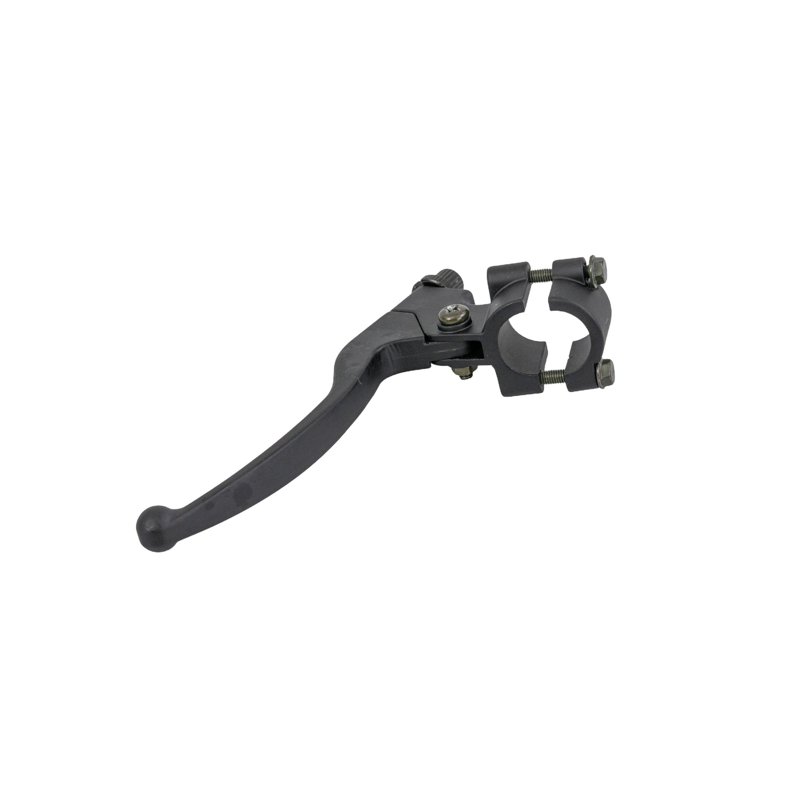 Black Left Brake Lever for the Baja Mini Bike MB165 & MB200, featuring a black metal lever with a round hole and an attached plastic handlebar with a screw.