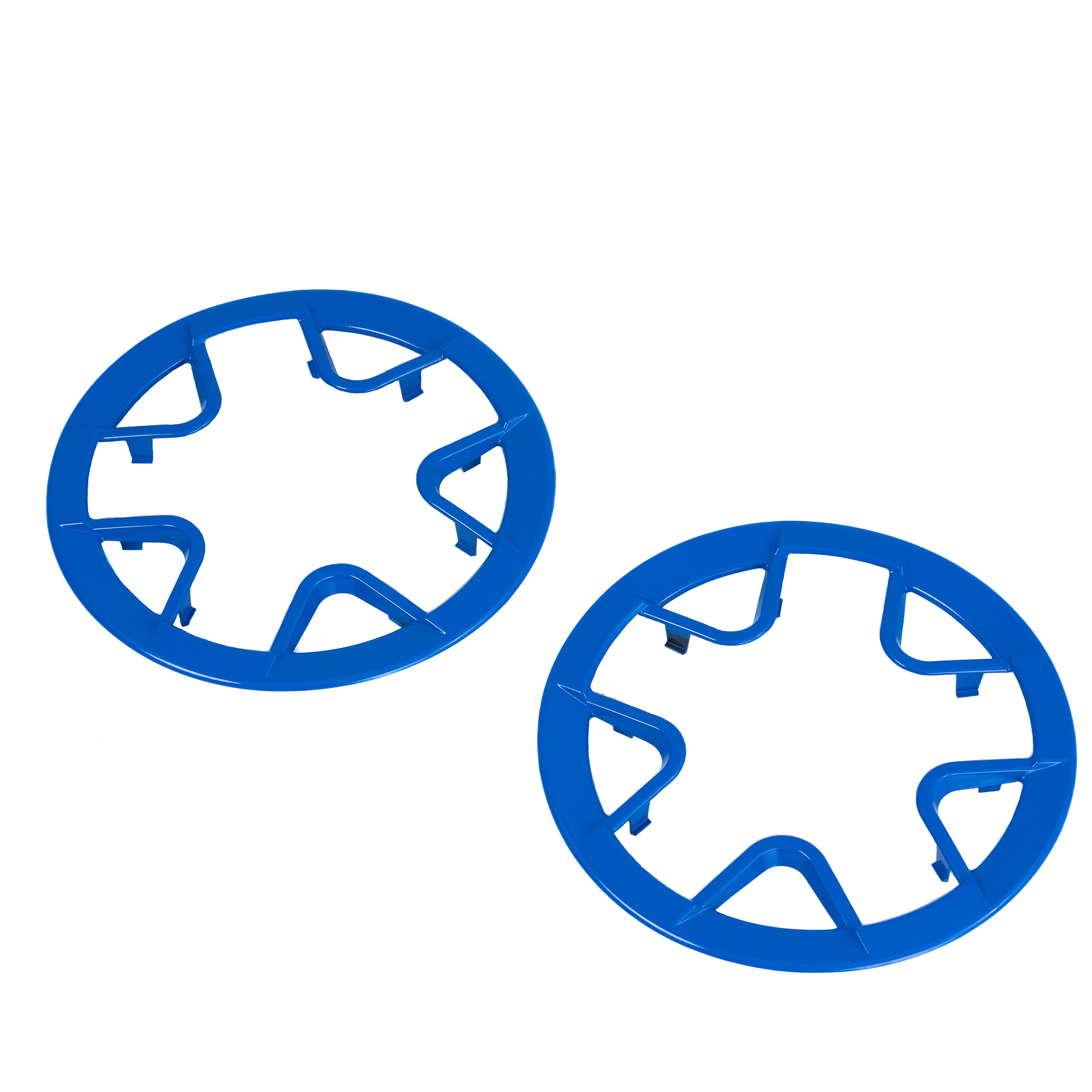 Blue Drive Wheel Rim Insert for the Invacare TDX SP2 Power Chair, showing a pair of blue circular objects with four holes and a four-legged structure, designed to accent the chair's drive wheel.