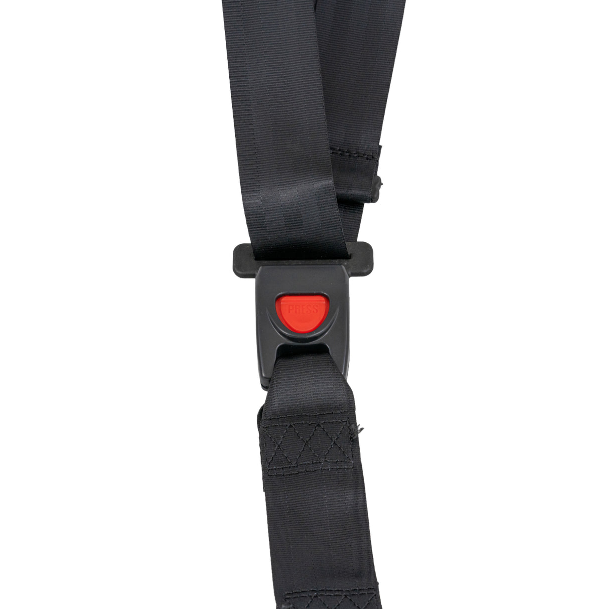 3-Point Seat Belt for Go-Karts featuring a black strap with a red press button, ensuring secure attachment with adjustable length for optimal safety during rides.