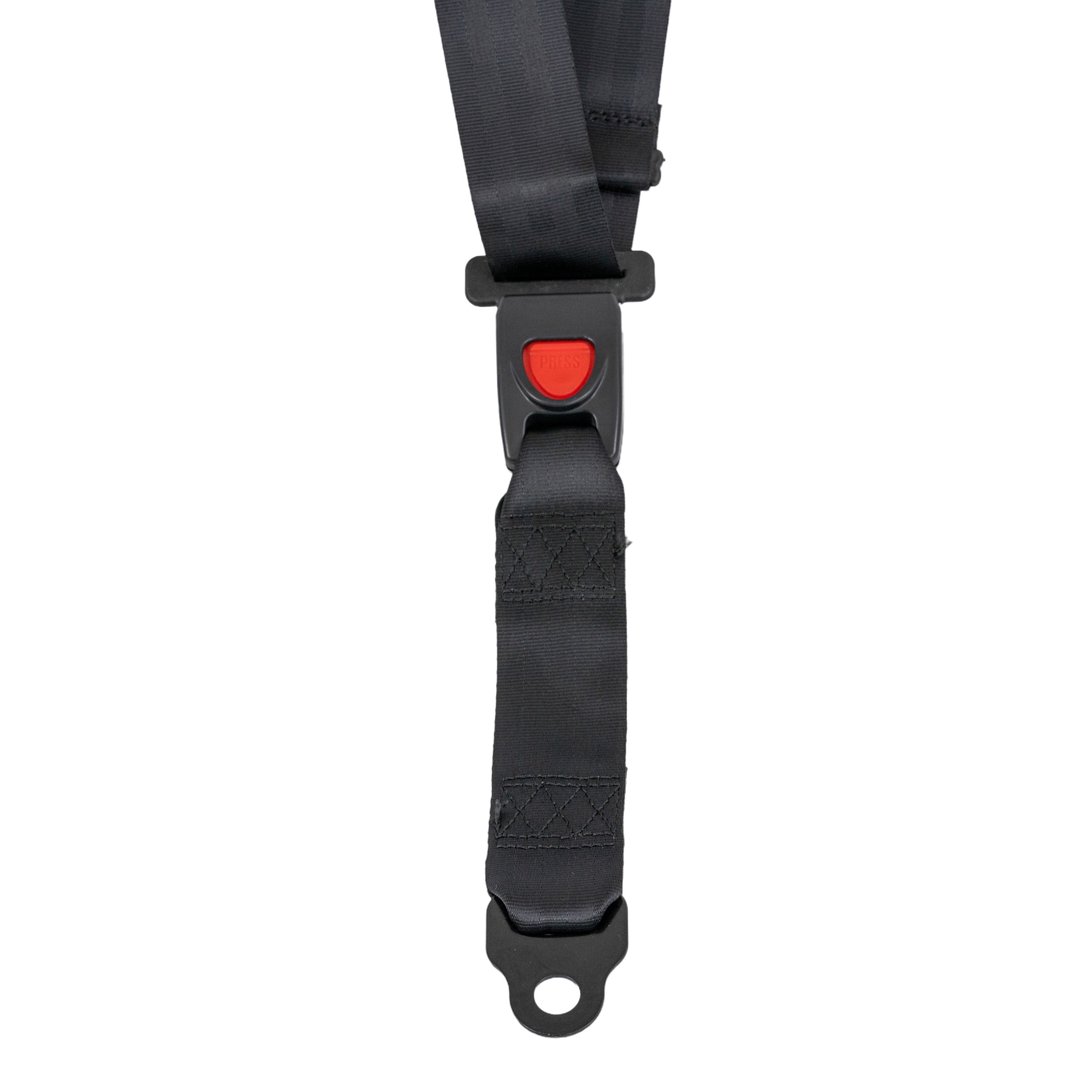 3-Point Seat Belt for Go-Karts featuring a black strap with a red button, designed for secure fitting over the lap, shoulder, and chest, ensuring maximum safety and easy installation.