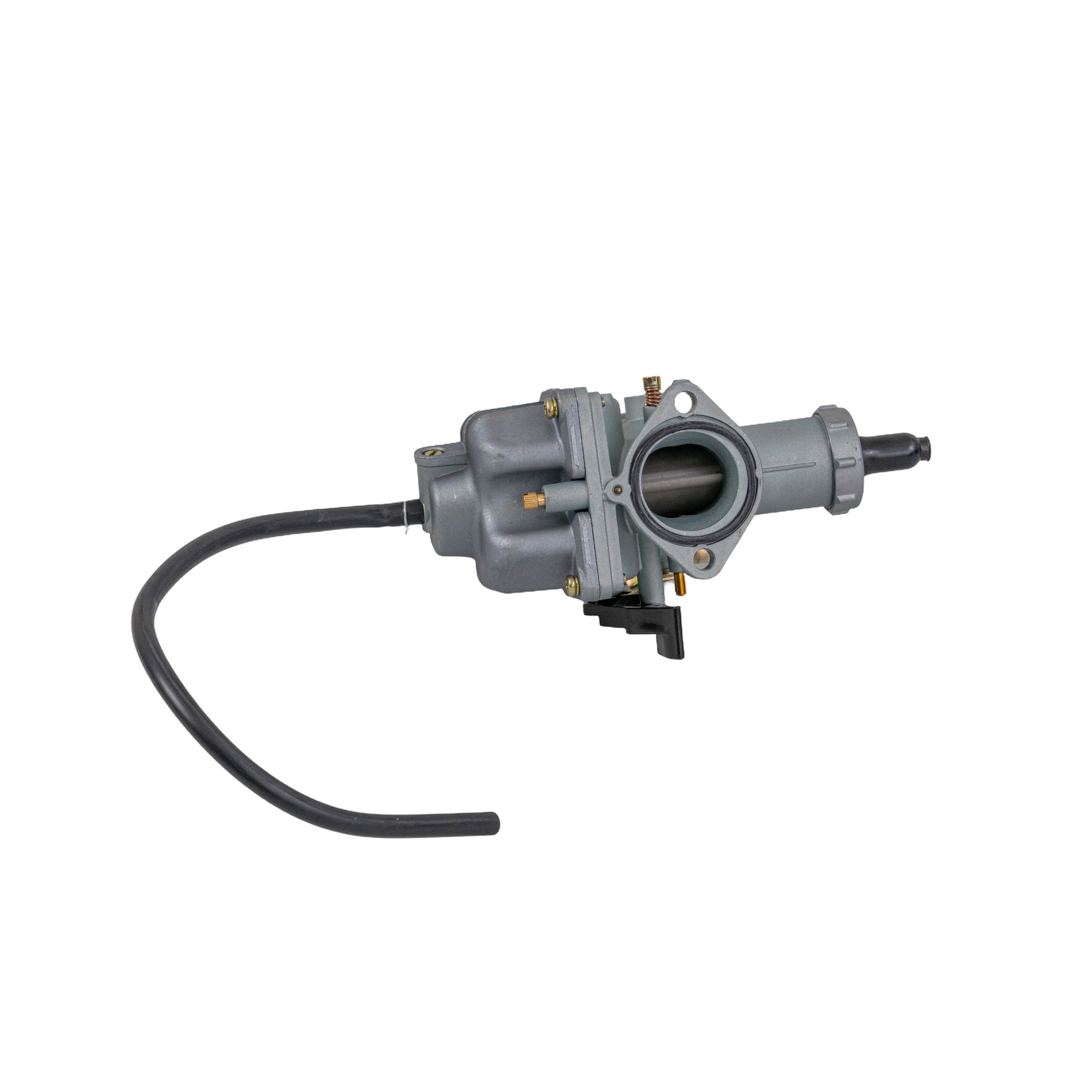 PZ30 Carburetor with 30 mm Intake & Hand Choke for 150cc, 200cc, & 250cc ATVs & Dirt Bikes, featuring a grey metal body with a black hose and manual choke.