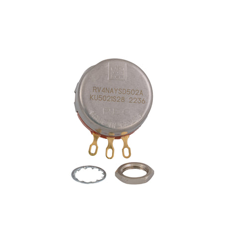 5K Ohm Throttle Potentiometer featuring a round metal body with gold rings, close-up details of components including a serrated washer and jam nut.