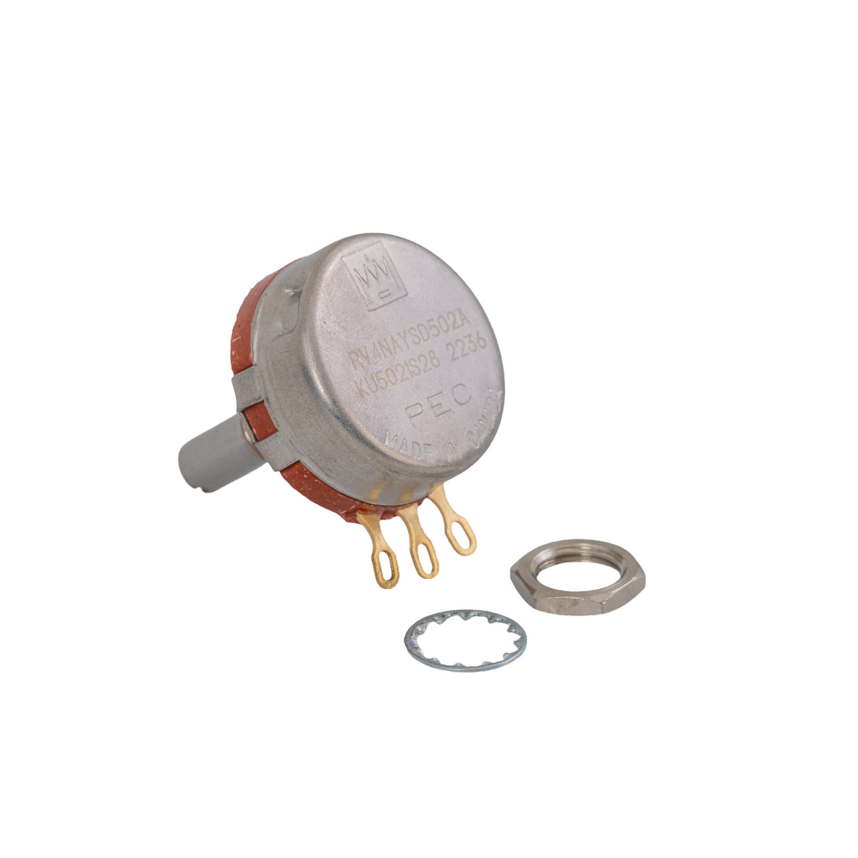 5K Ohm Throttle Potentiometer, a round metal component with serrated washer and jam nut, featuring gold and red metal parts, designed for smooth throttling and high-standard manufacturing.