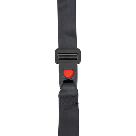 60 Seat Belt for Go-Karts featuring black nylon webbing with a red push-button buckle, designed for secure 2-point attachment, ensuring safety on rough tracks.