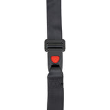 Universal Seat Belt with Push Button Buckle for Scooters and Power Chairs showing a close-up of the black nylon strap with a red push button buckle for secure attachment.