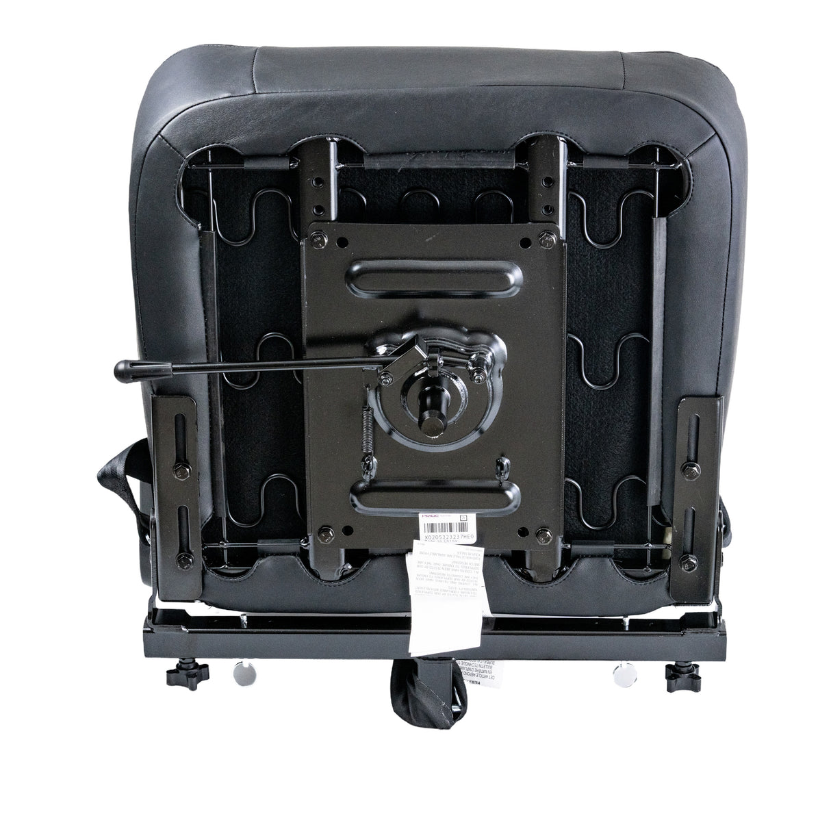 22x20 Hi-Back Seat Assembly for the Pride Maxima (SC901/SC941) featuring armrests, headrest, seat plate, and easy-to-clean black vinyl cover, shown in close-up from the back angle.