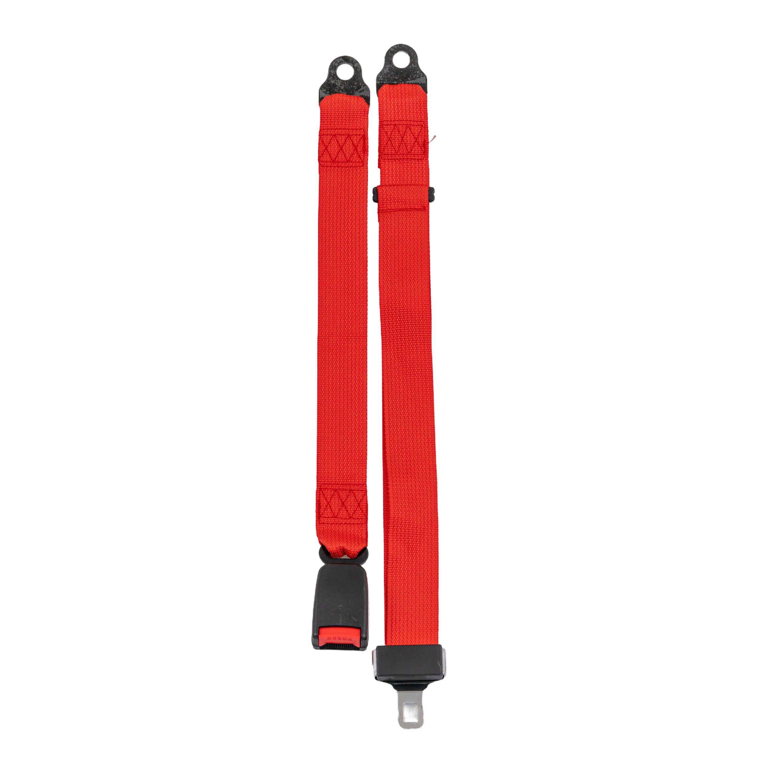 60 Seat Belt for Go-Karts featuring a durable red nylon webbing with black handles, a push button buckle, and metal rings for secure 2-point attachment.