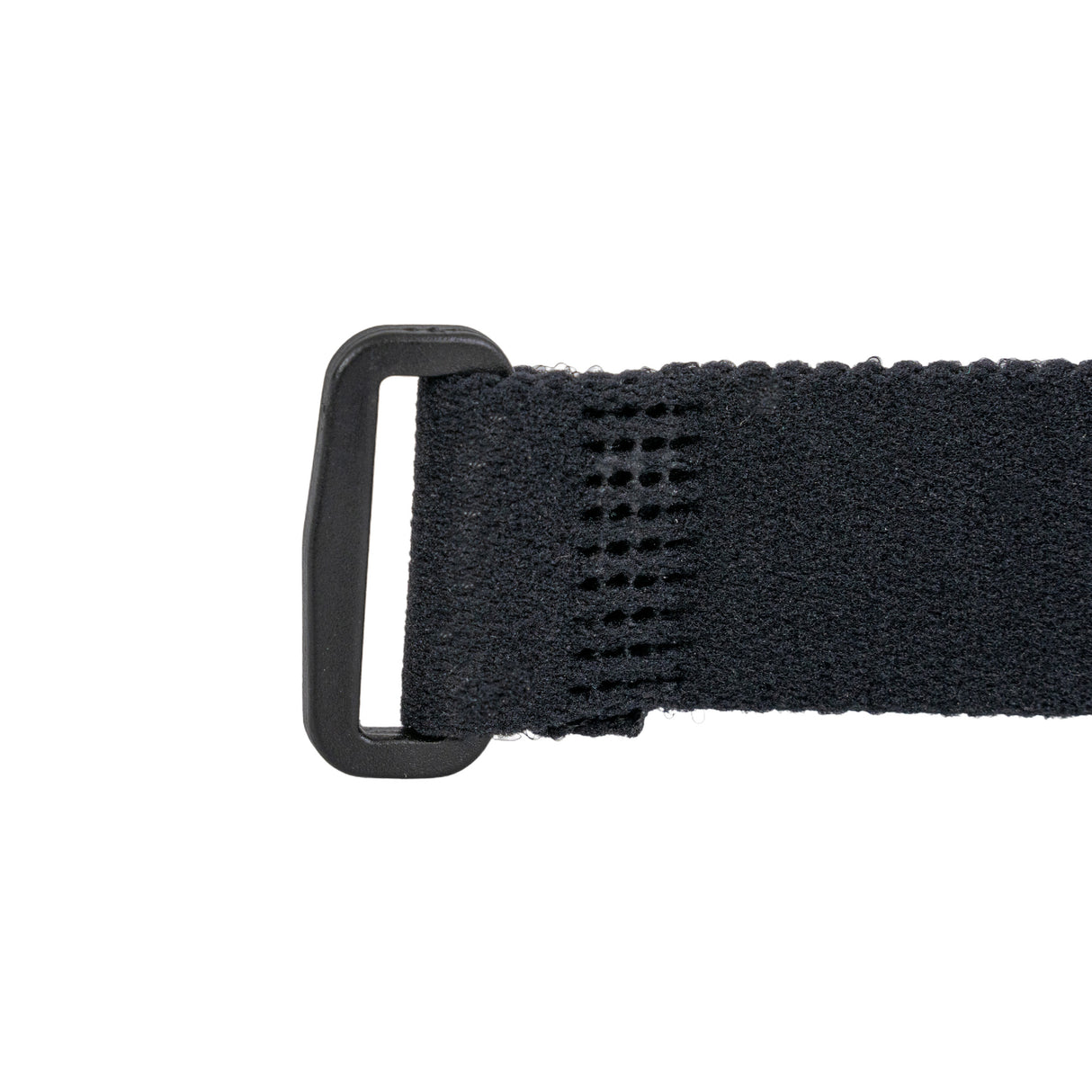 Elastic Hook & Loop Cable Tie with Buckle, featuring a black strap with a plastic buckle, ideal for securing items like canes, oxygen cylinders, or power cords on mobility scooters or power chairs.