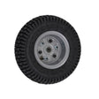 Razor Dirt Quad Front Wheel Assembly (Version 19+), featuring a black tire with a silver rim, complete with hub, bearings, and tread for optimal performance.