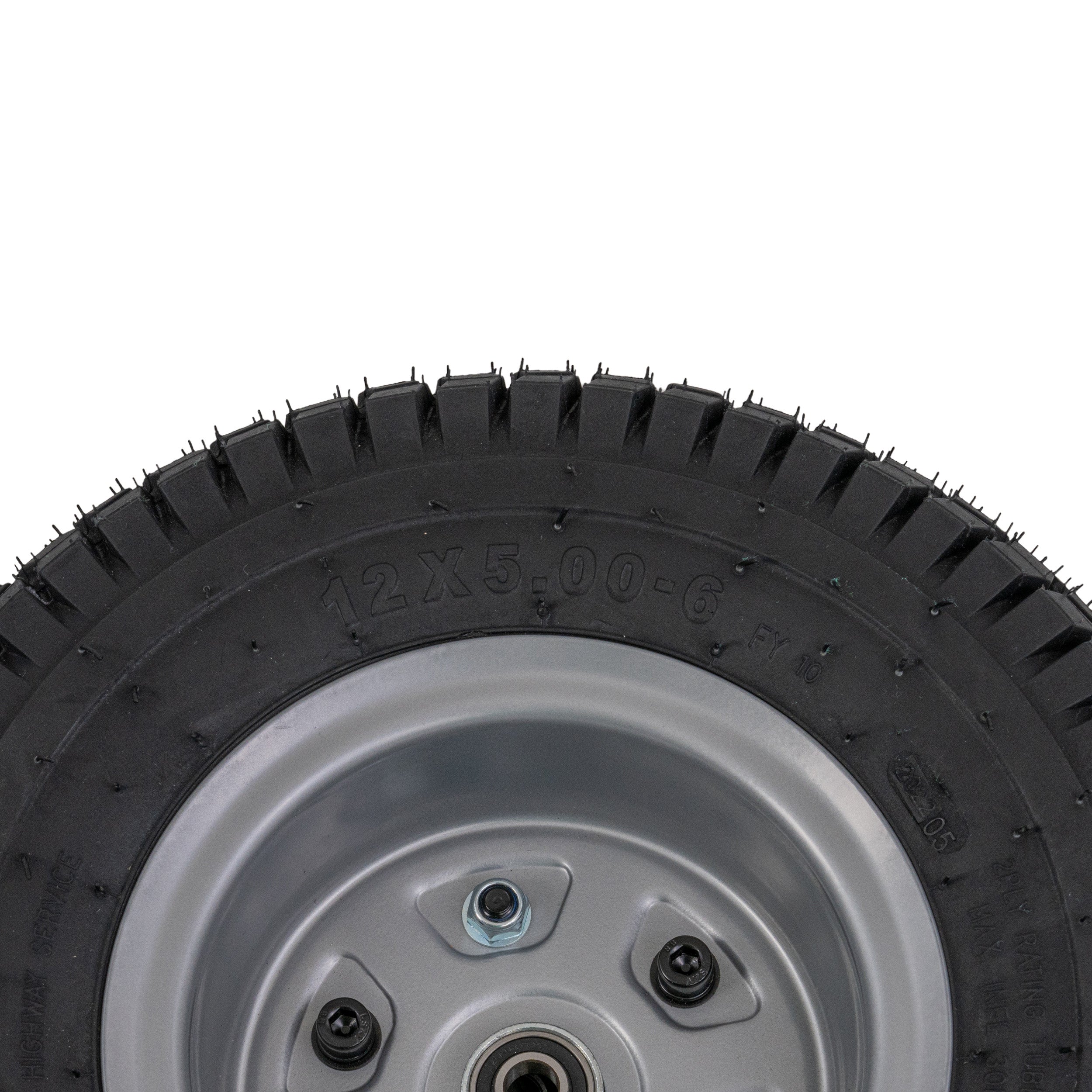 Razor Dirt Quad Front Wheel Assembly (Version 19+), featuring a close-up of the 12x5.00-6 tire, tube, hub, and bearings, showcasing detailed tread and nut components.