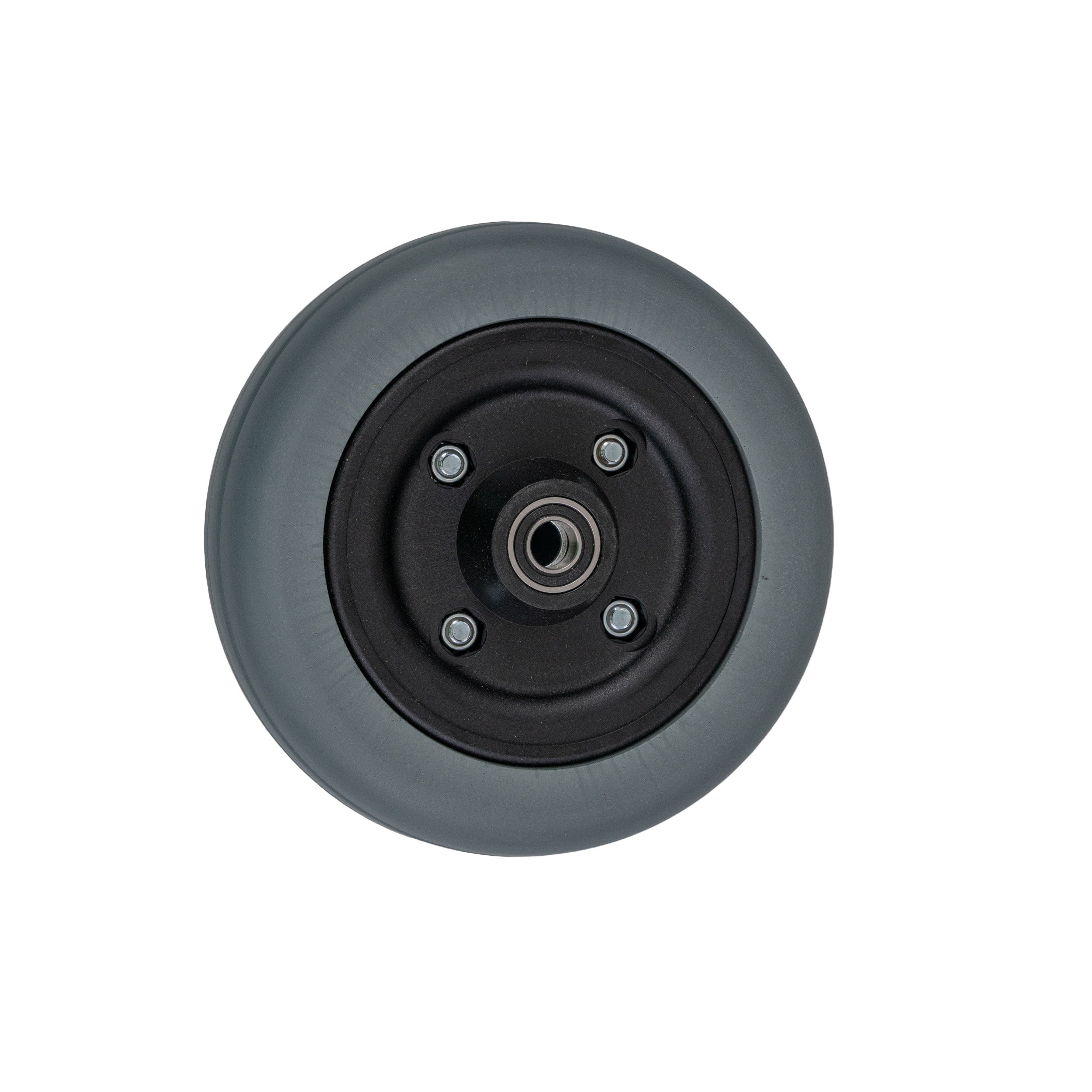 6x2 Caster Wheel Assembly for Invacare Power Chairs, featuring a black rubber rim and urethane deep profile wheel, displayed with a close-up of its bearings and spacer components.