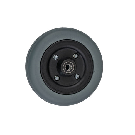 6x2 Caster Wheel Assembly for Invacare Power Chairs, featuring a black rubber rim and urethane deep profile wheel, displayed with a close-up of its bearings and spacer components.