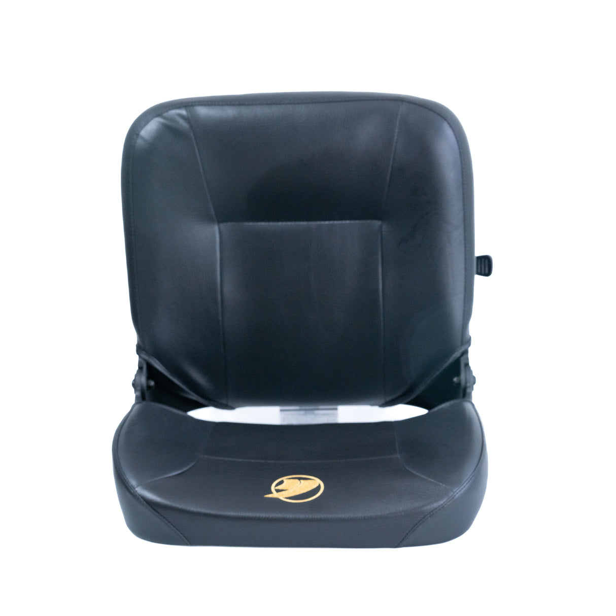 17x17 Black Seat Assembly for Golden Buzzaround XL (GB116), LiteRider PTC (GP162), & LiteRider (GL110) Scooters, featuring a black seat with a yellow logo, designed for easy maintenance with black vinyl upholstery.