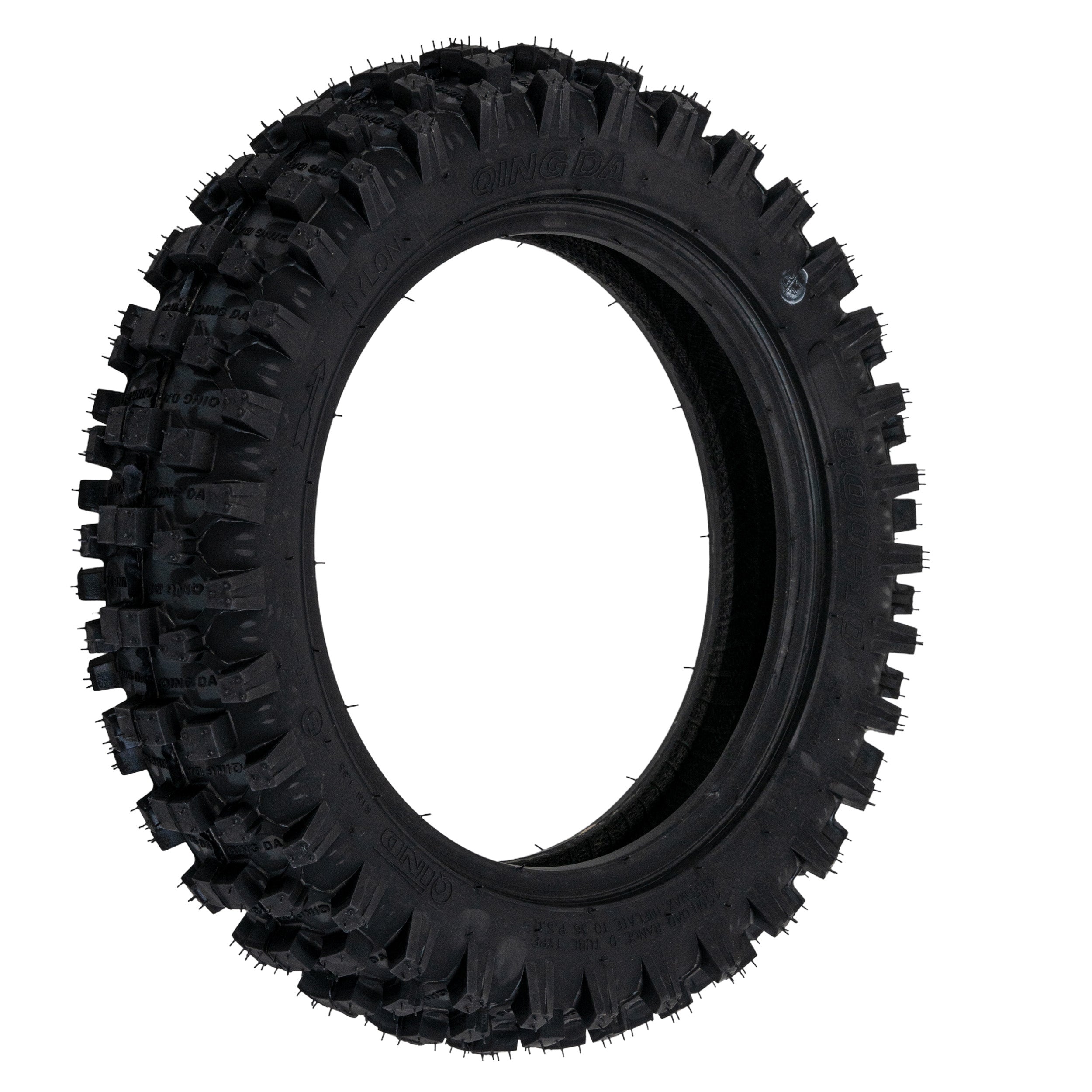 3.00-10 Dirt Bike Tire with QD015 Knobby Tread, shown with deep treads suitable for mini dirt bikes of 49cc/50cc & 70cc engine sizes.