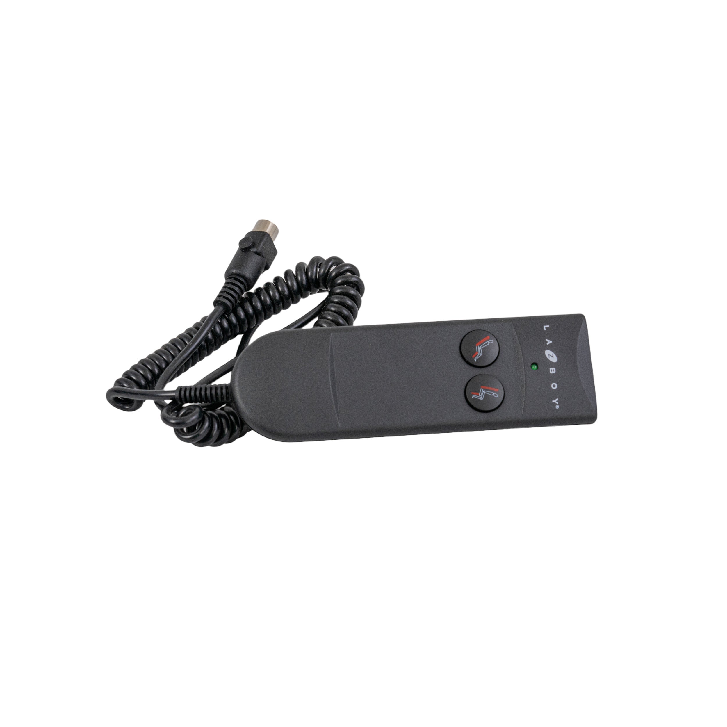 OKIN 2-Button Hand Control with 5-Pin Connector for La-Z Boy Lift Chairs (1.11-370.30), featuring a black remote with buttons and a 3' cord, compatible with various lift chair motors.