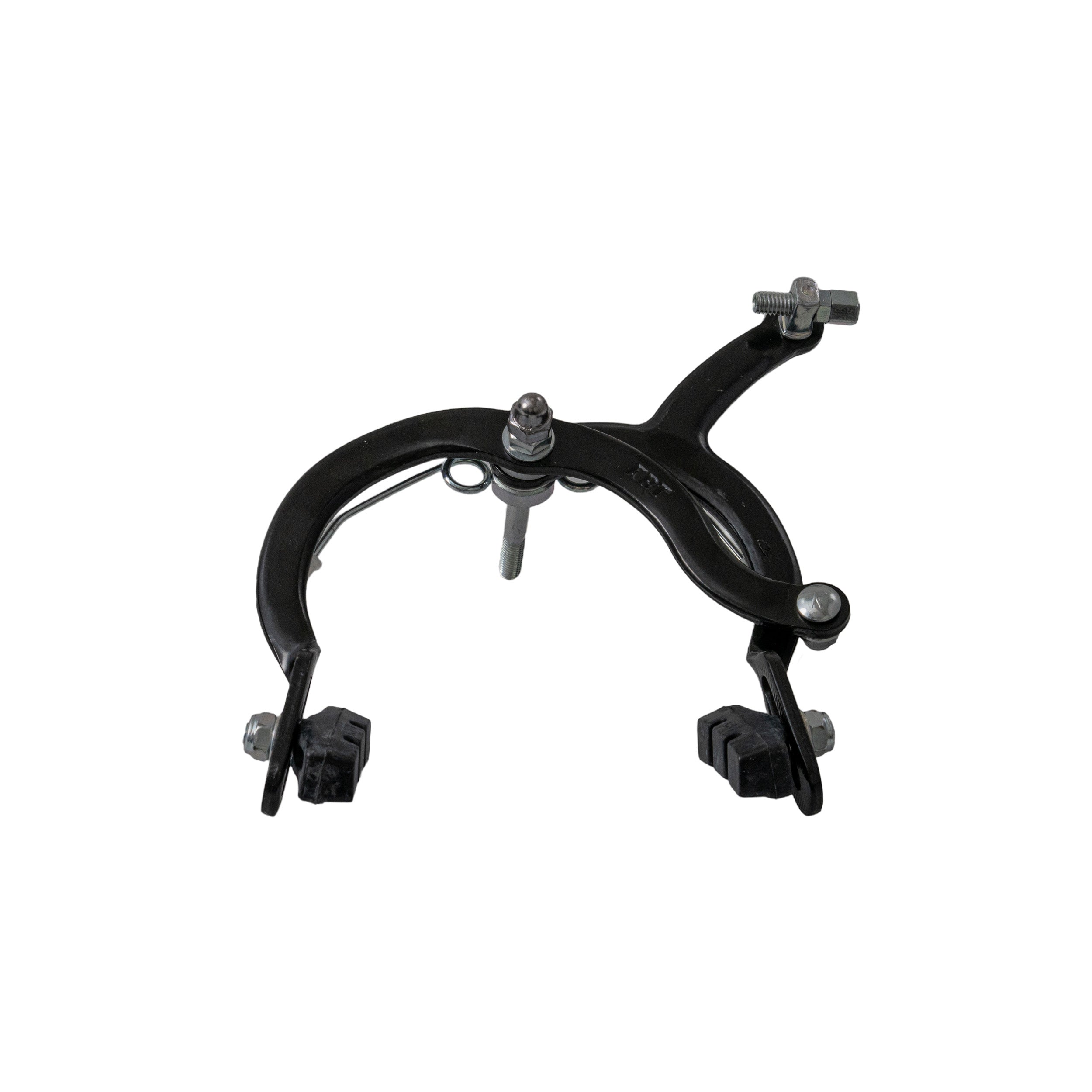 Front Brake Caliper Assembly for Razor E100, E100 Glow, E125, E150, & eSpark, featuring a black metal caliper with bolts and nuts, includes brake pads.