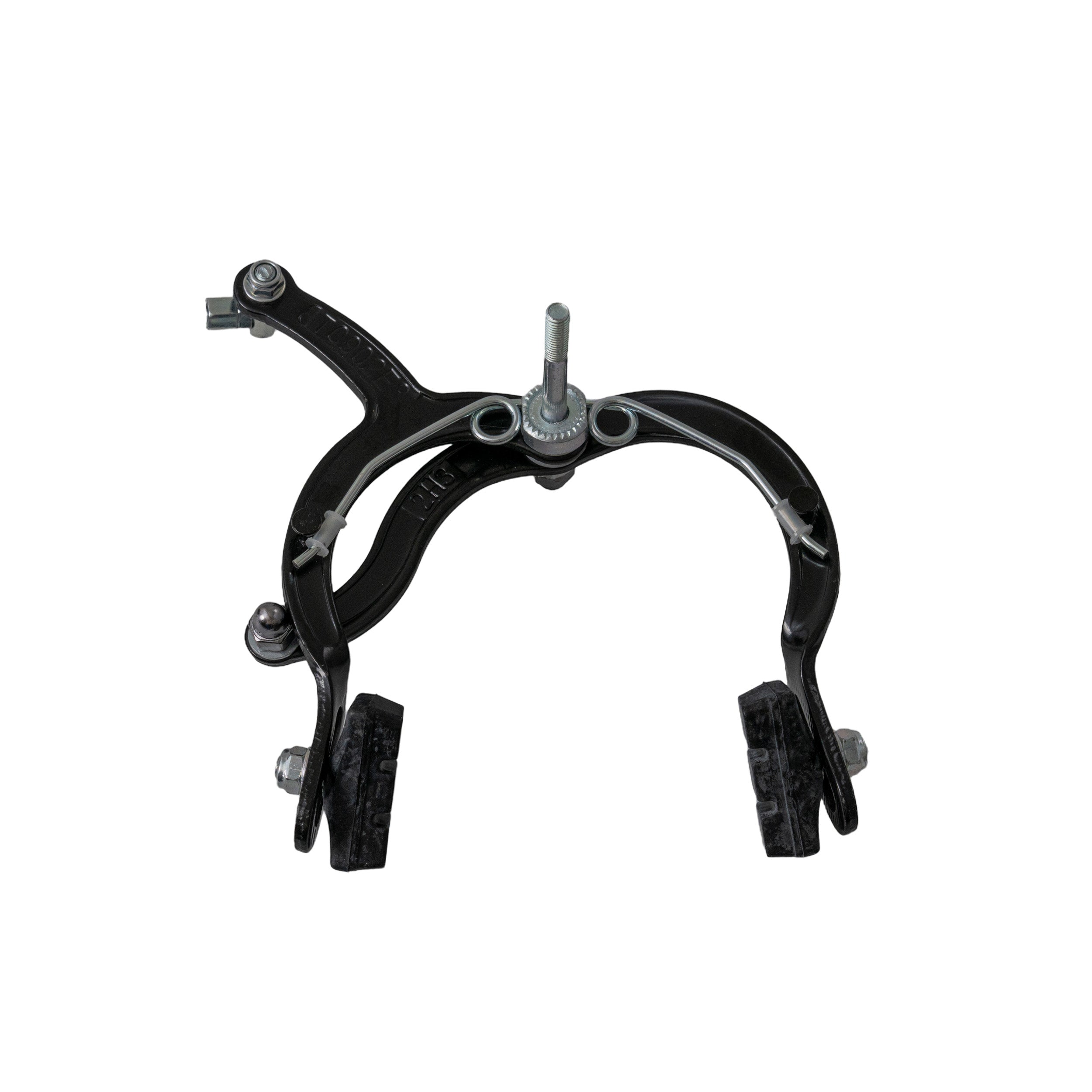 Front Brake Caliper Assembly for Razor E100, E100 Glow, E125, E150, & eSpark electric scooters, featuring a close-up of the black and silver metal component with brake pads included.