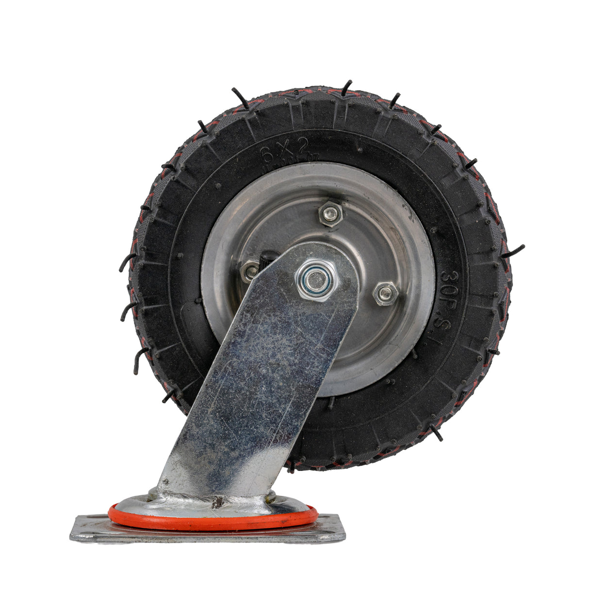 Front Caster Wheel for Deluxe Hoverboard Go-Kart Attachment Kit, featuring a 6x2 pneumatic tire with grass-gripping tread, metal base, upgraded locknuts, and a durable axle and fork.