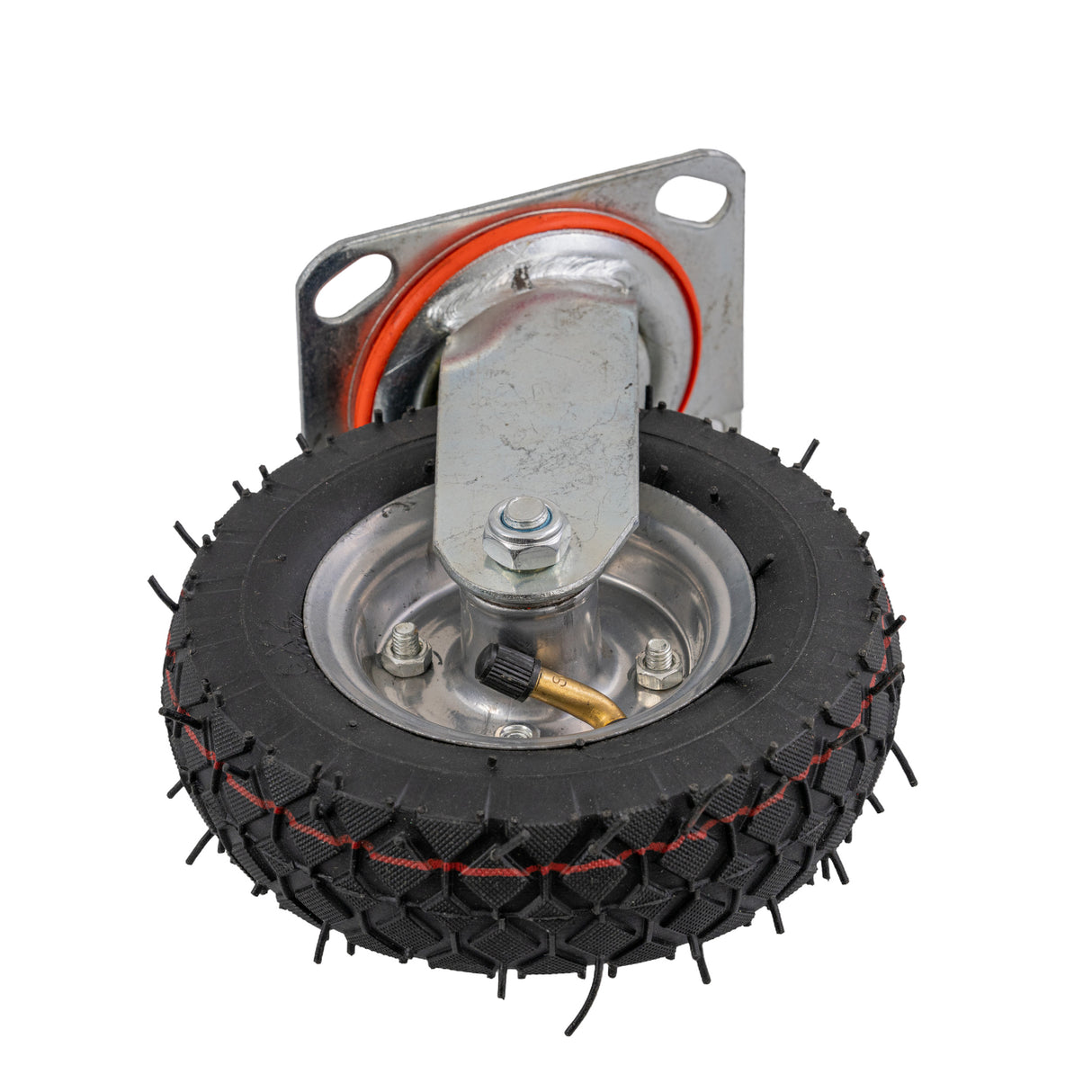 Front Caster Wheel for the Deluxe Hoverboard Go-Kart Attachment Kit, featuring a 6x2 pneumatic tire with grass-gripping tread, metal plate, upgraded hardware, and locknuts for enhanced durability.