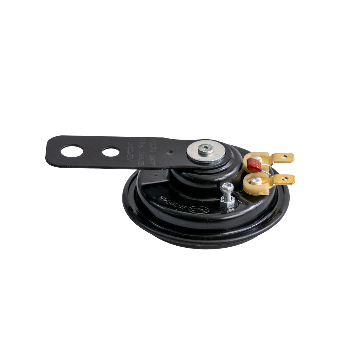 24 Volt Scooter Horn with a round black body, metal handle, and visible bolt. Suitable for 24-volt electric scooters.