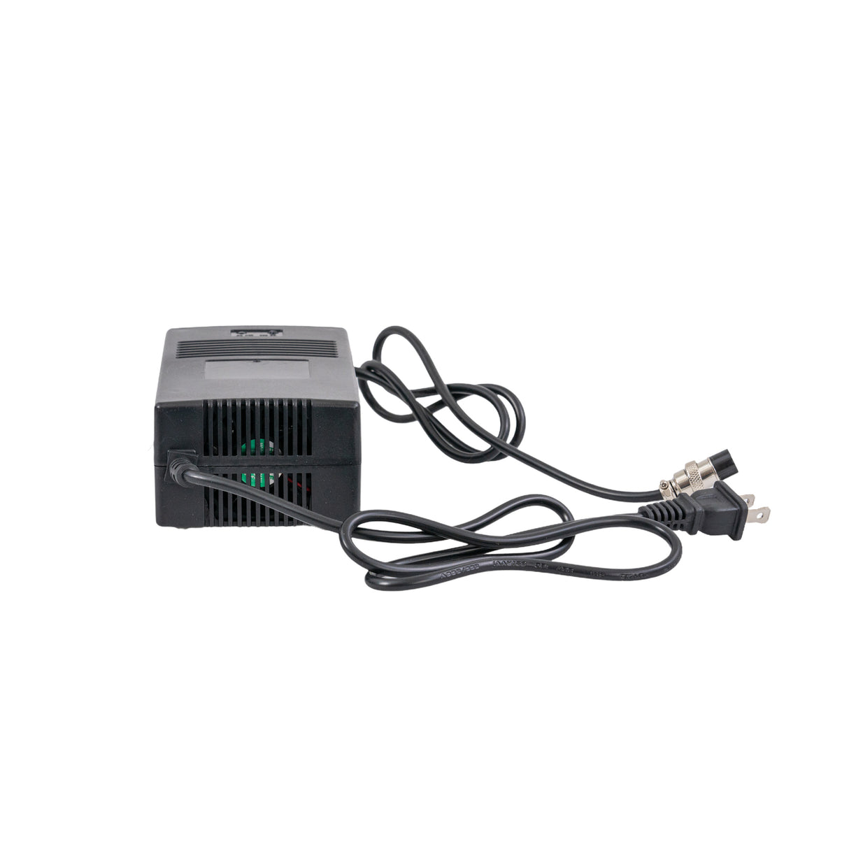 48 Volt 1.8 Amp 3-Prong Battery Charger (Standard) with a black box, green indicator light, and attached power cord, designed for electric scooters with automatic shut-off and charge status LED.