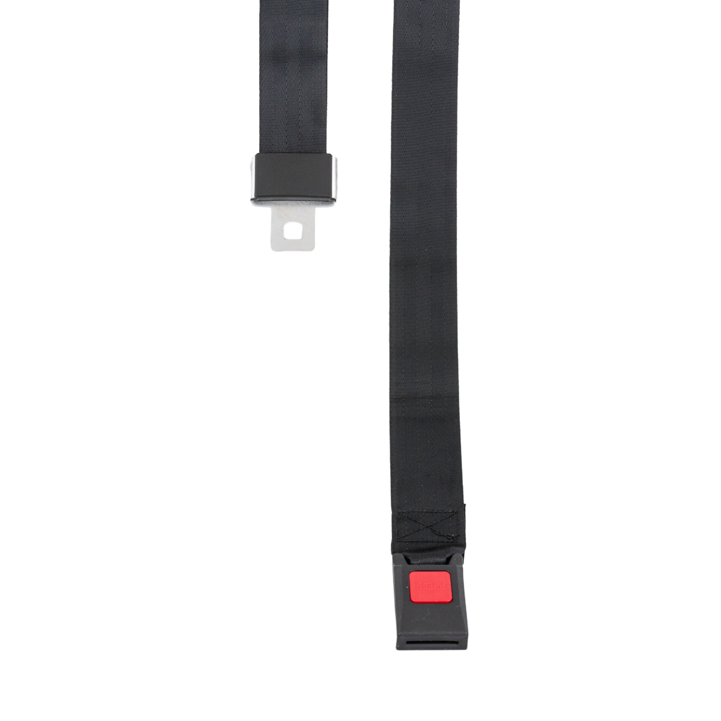 Universal Seat Belt with Push Button Buckle for Go-Karts & Golf Carts, featuring black nylon webbing, red square push button, and metal buckle for secure 2-point attachment.