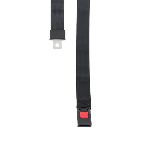 Universal Seat Belt with Push Button Buckle for Go-Karts & Golf Carts, featuring black nylon webbing, red square push button, and metal buckle for secure 2-point attachment.