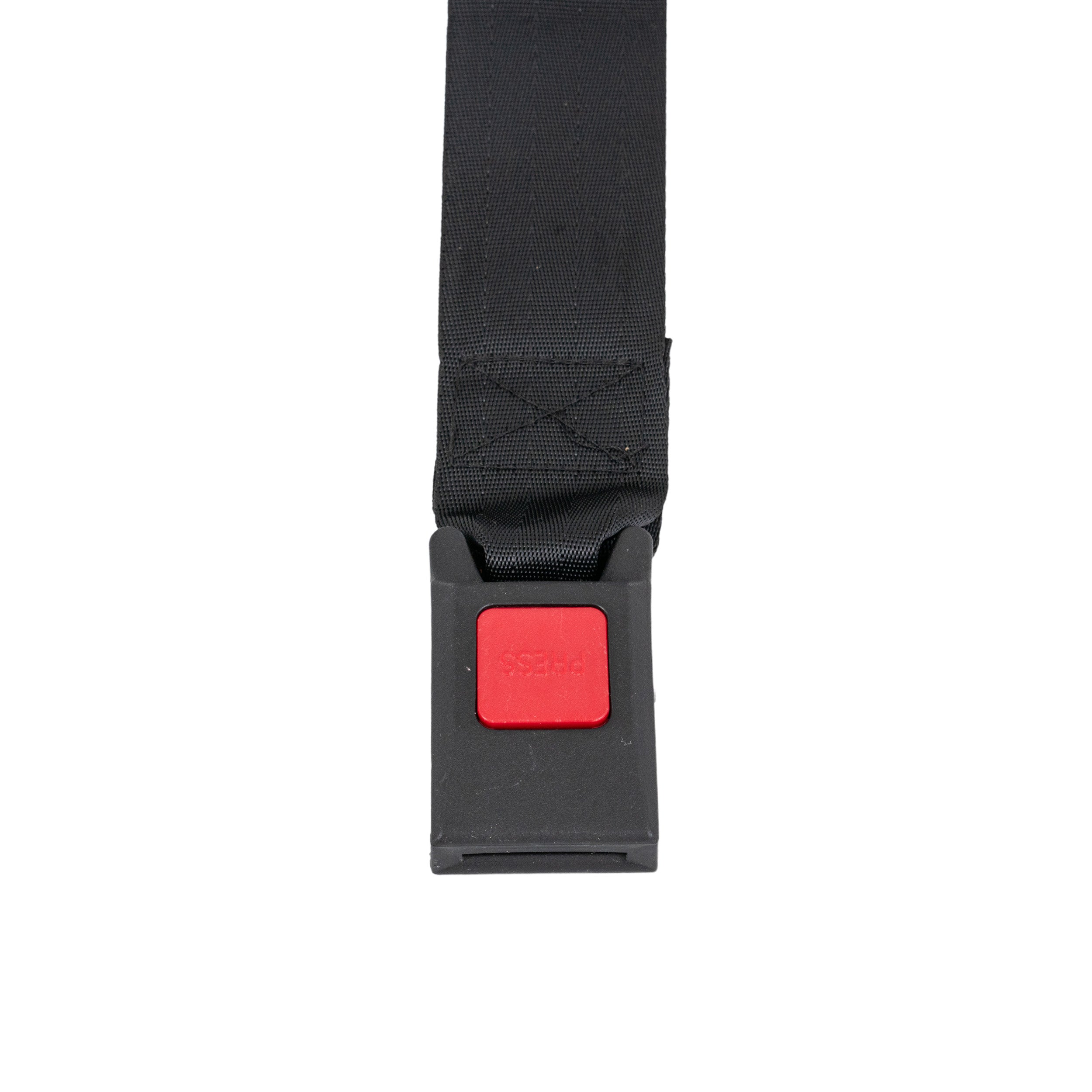 Universal Seat Belt with Push Button Buckle for Scooters and Power Chairs, featuring a durable black strap with a stitched edge and a prominent red square push button for secure attachment.