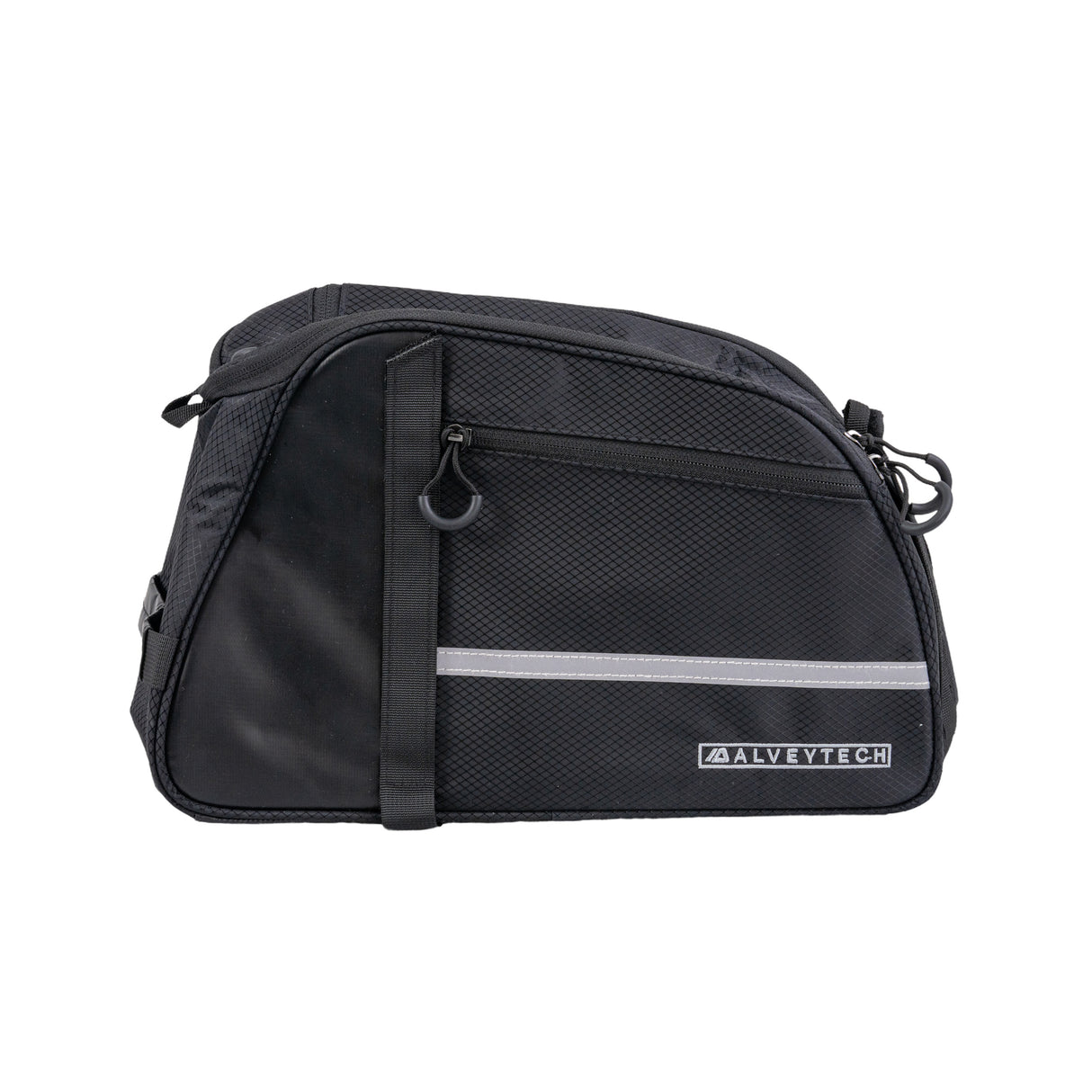 XL Rack Bag for Bicycles & E-Bikes showing a black soft-sided design with a white stripe and a zippered main compartment. Ideal for rear cargo racks, featuring extra side pockets for additional storage.