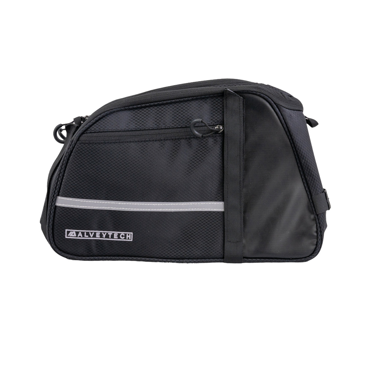 XL Rack Bag for Bicycles & E-Bikes with a white stripe, close-up of zipper, and black fabric detail, designed for rear cargo racks, featuring extra side pockets and a zippered main compartment for storage.