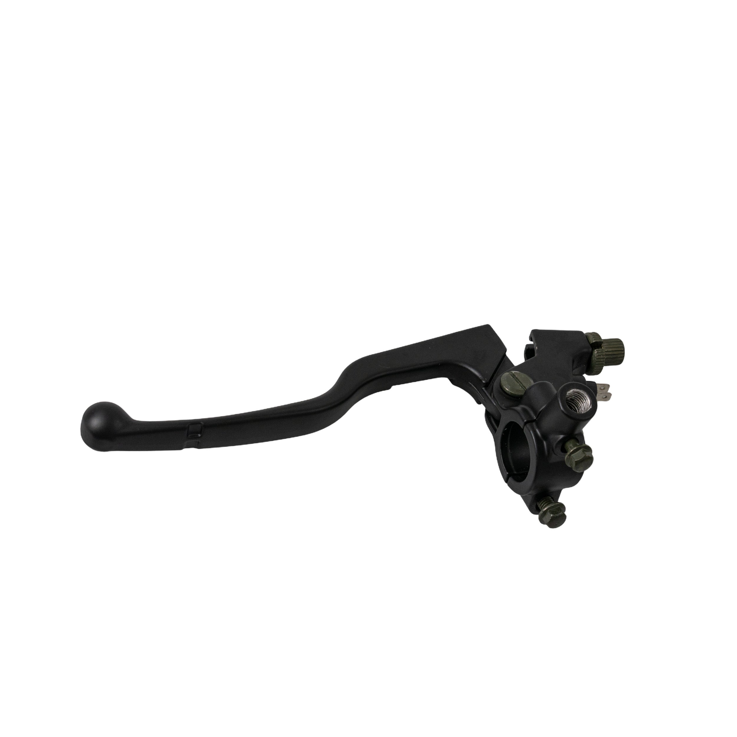 Left Brake Lever for 49cc, 50cc, & 70cc Dirt Bikes: A black metal lever with screws and small electrical tabs for brake light wiring, suitable for Coolster and TaoTao dirt bikes.