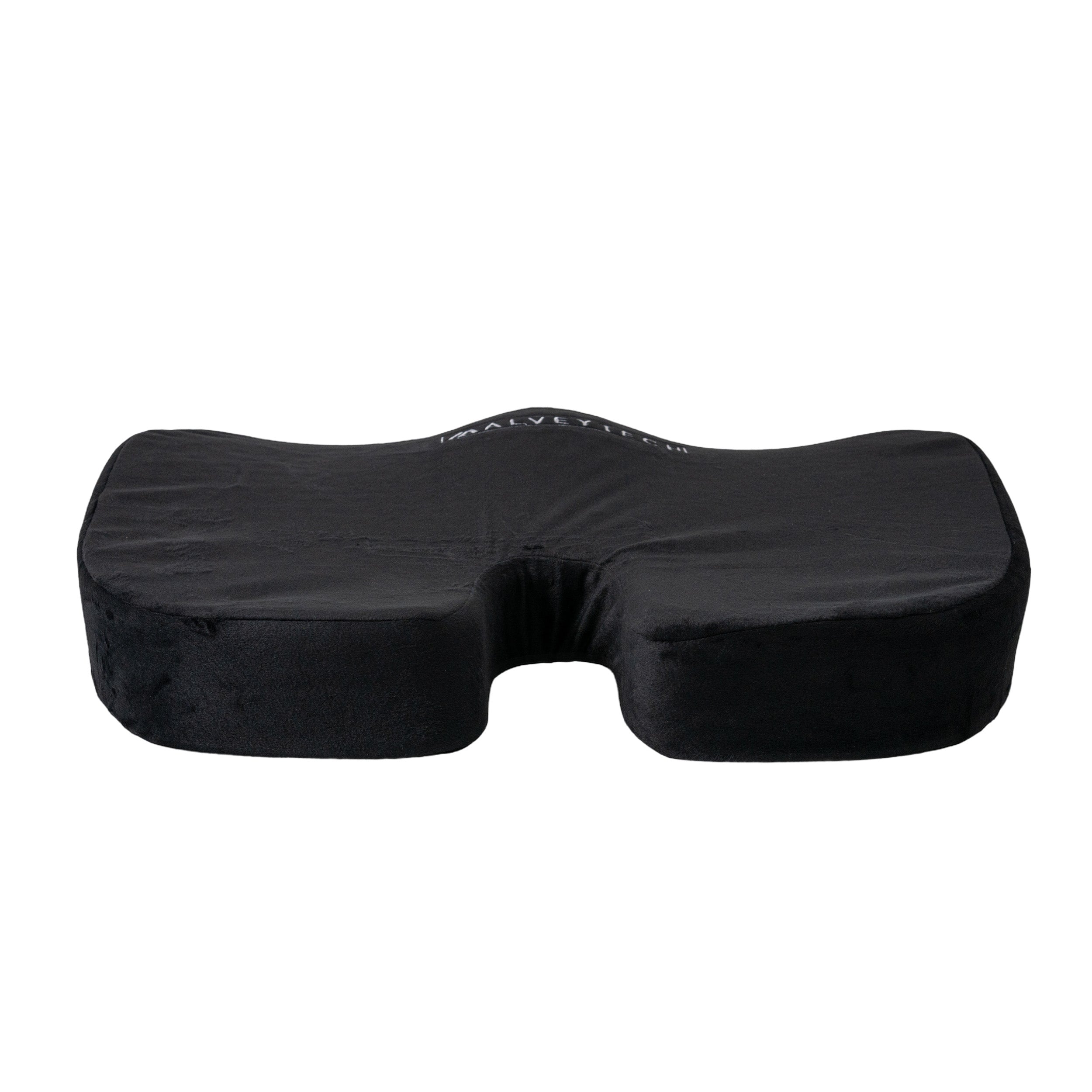 Deluxe Ergonomic Gel Seat Cushion for Wheelchairs and Scooters, featuring a black pillow with a center hole, soft suede cover, and white text, designed for all-day comfort and security.