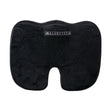 Deluxe Ergonomic Gel Seat Cushion for Wheelchairs and Scooters, showcasing a black cushion with a contoured design and a white logo in the center, designed for comfort with gel and memory foam.