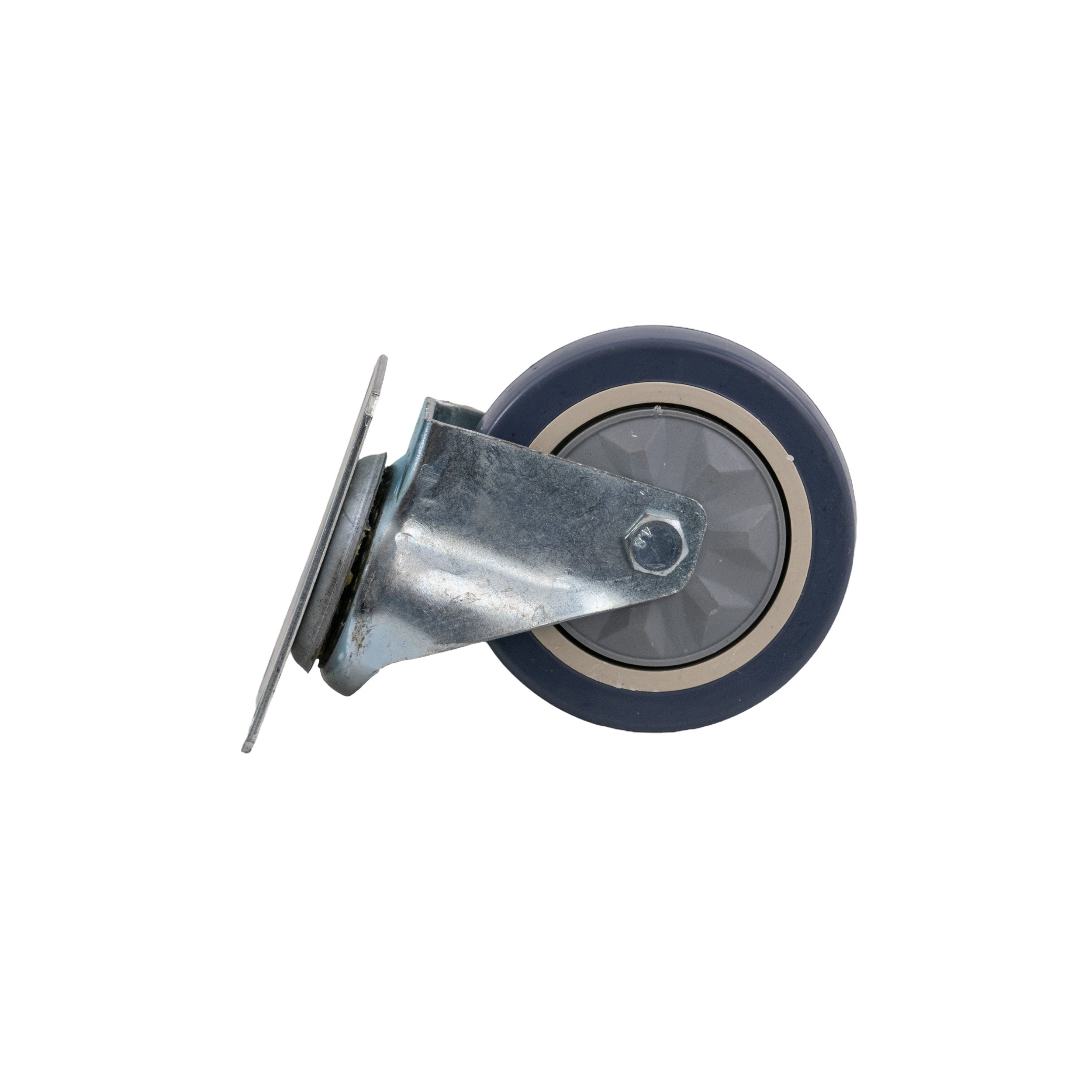 Front Caster for the Hoverboard Go-Kart Kit showing a close-up of a metal wheel with a caster fork and axle attached, highlighting the detailed metal surface and assembly components.