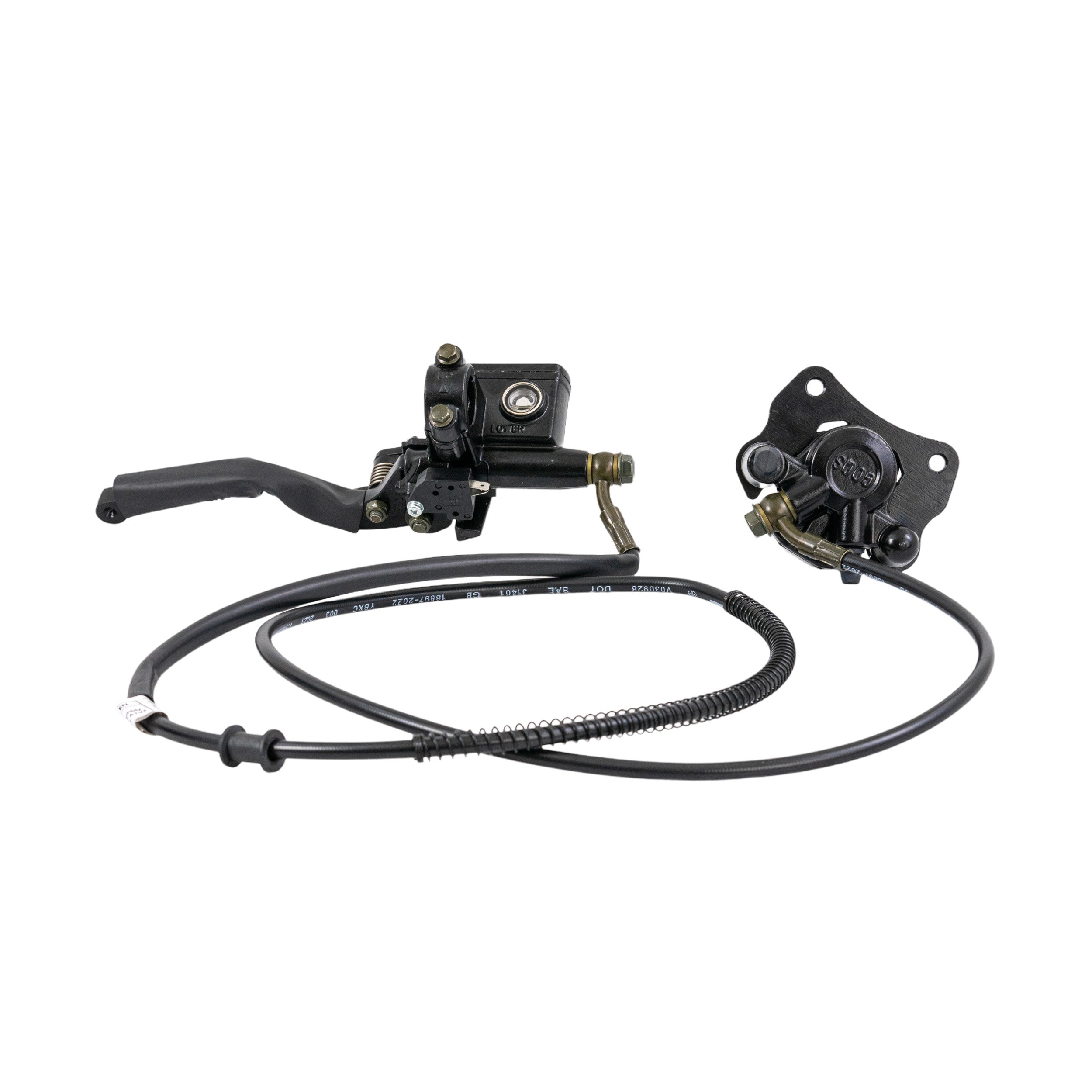 Rear Brake Assembly for Coleman AT125-EX & AT125-UT ATVs, featuring a black brake lever, caliper, brake pads, master cylinder, and brake fluid line for the left handlebar.