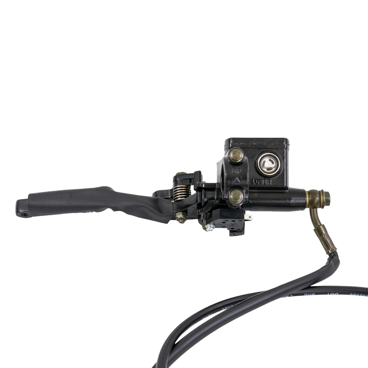 Rear Brake Assembly for Coleman AT125-EX & AT125-UT ATVs featuring a black metal lever, caliper, brake pads, master cylinder, and brake fluid line, designed for the left handlebar.