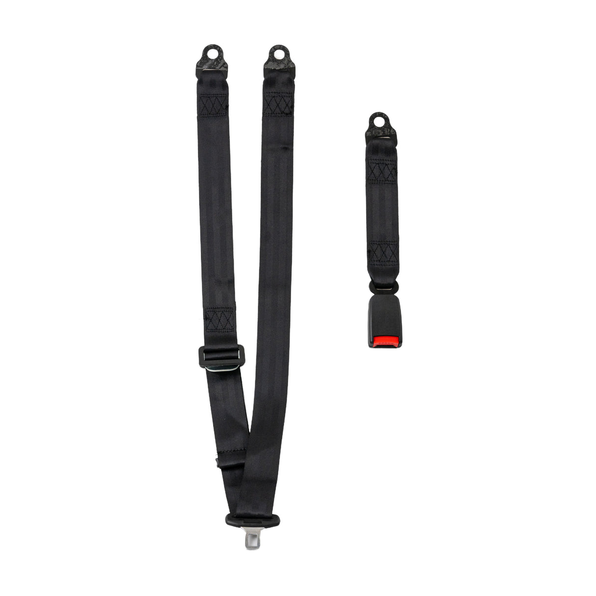 Close-up of the 3-Point Seat Belt with Auto-Style Buckle for Go-Karts & UTVs, showcasing durable black nylon straps and a steel anchor plate for secure attachment.