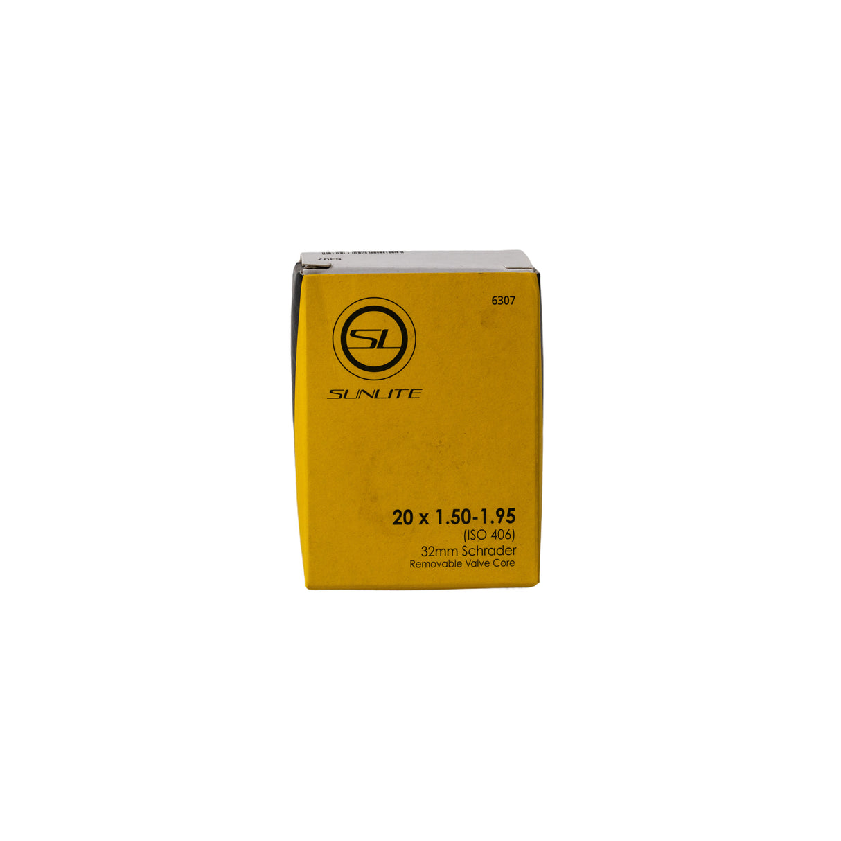 20x1.50-1.95 Bicycle Inner Tube with Straight Valve from Sunlite, displayed in its packaging, featuring clear black text on a yellow box.