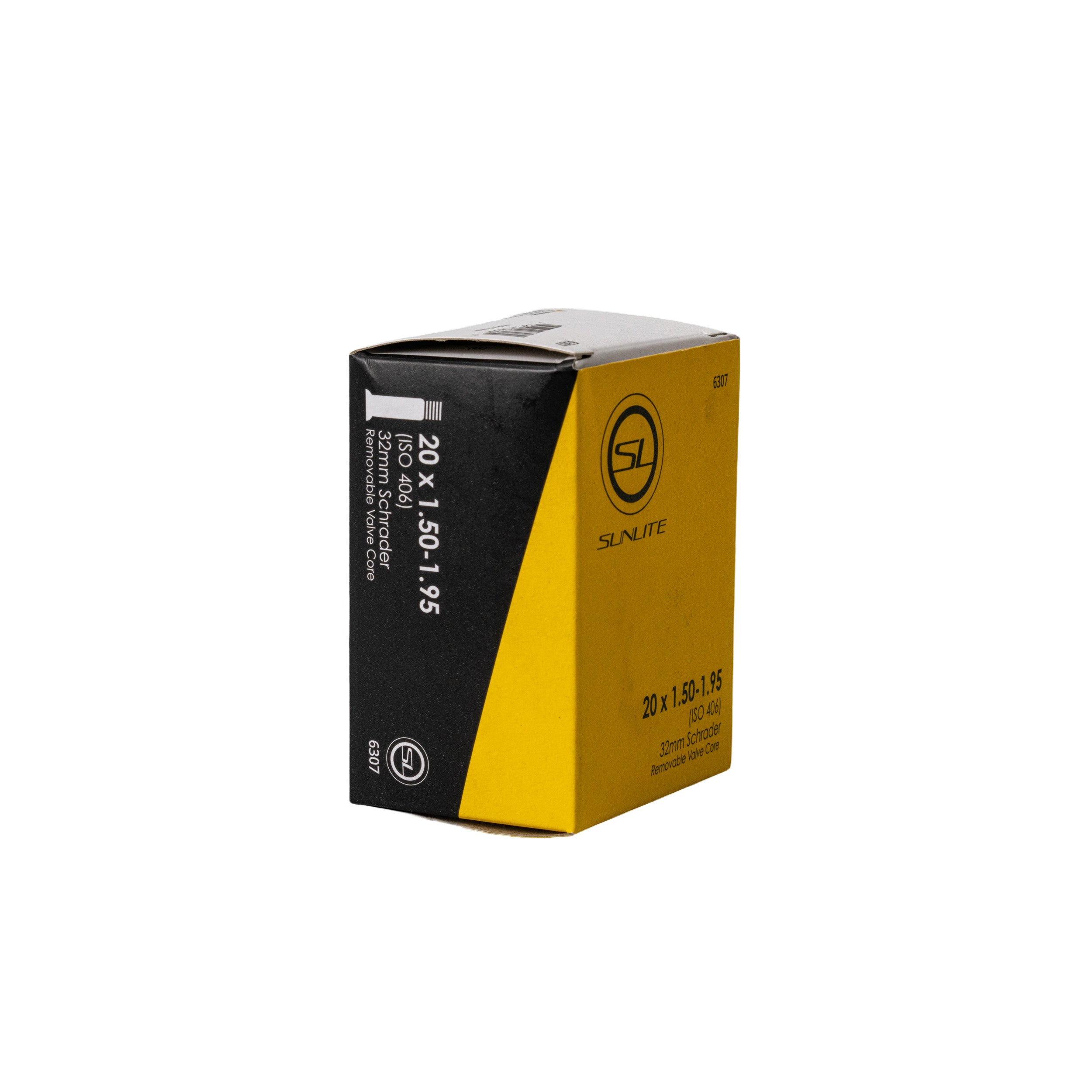 20x1.50-1.95 Bicycle Inner Tube with Straight Valve from Sunlite, packaged in a black and yellow box with white text, prominently displayed.